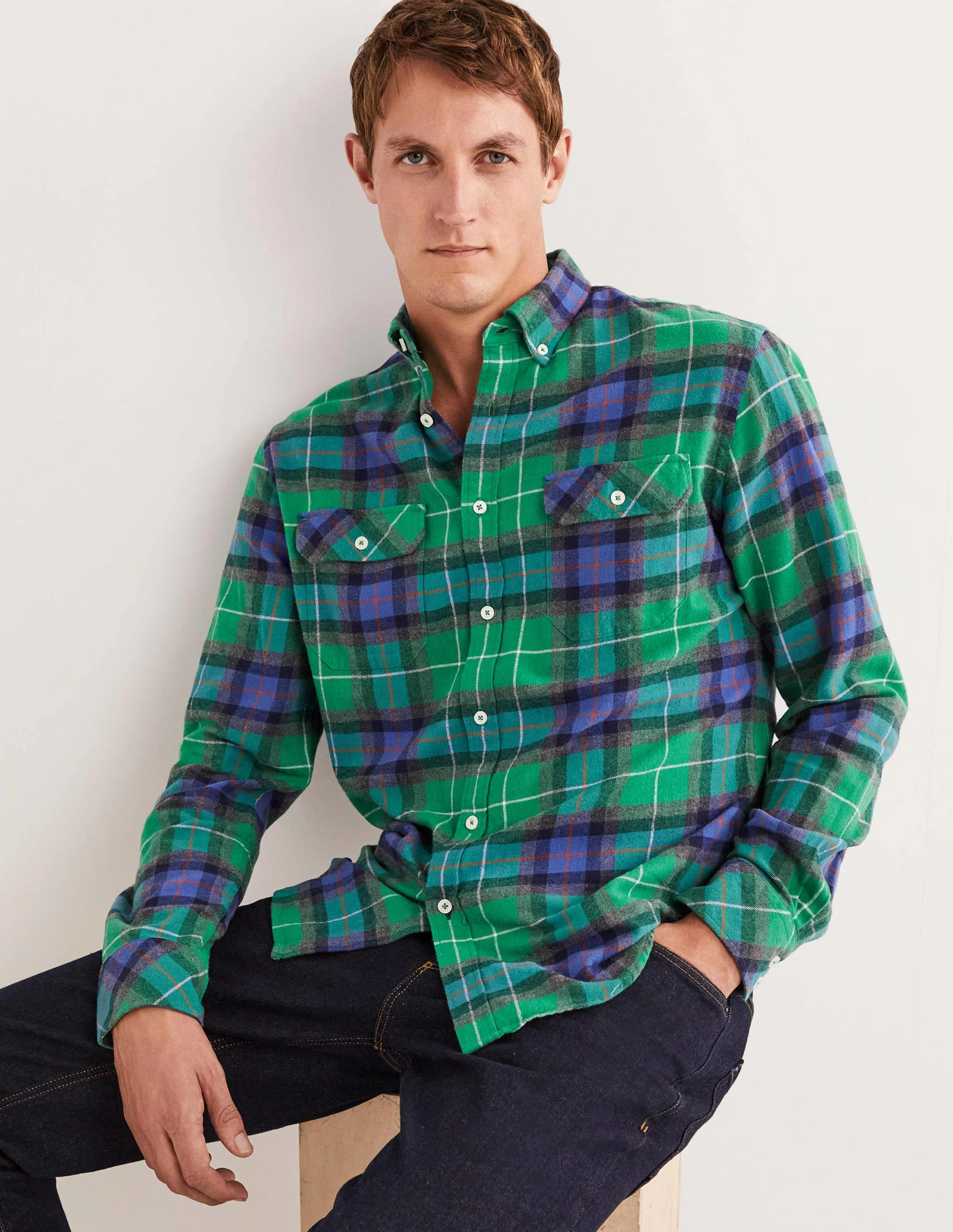 Brushed Flannel Shirt-Green/Charcoal Marl Check - Image 4