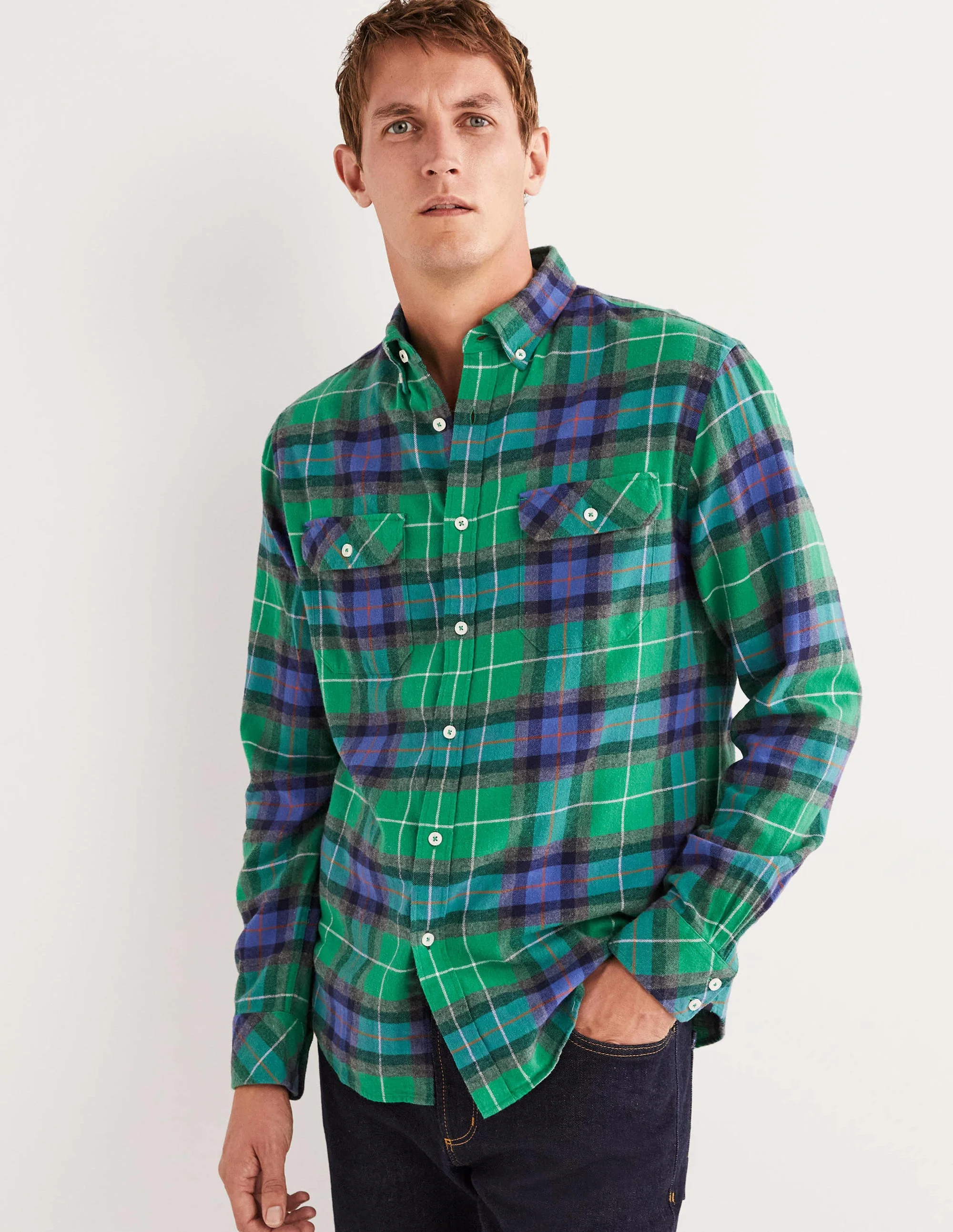 Brushed Flannel Shirt-Green/Charcoal Marl Check - Image 5