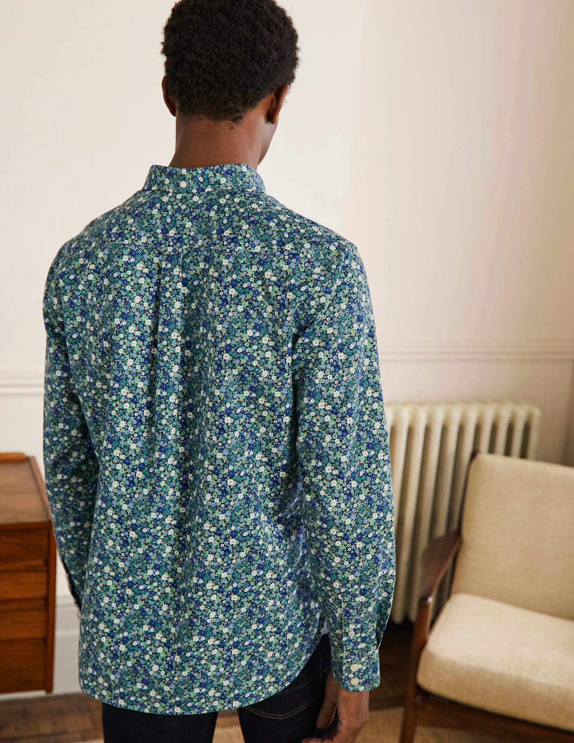 Button Down Oxford Shirt-Absinthe Navy Blue Flowerbed - Image 3