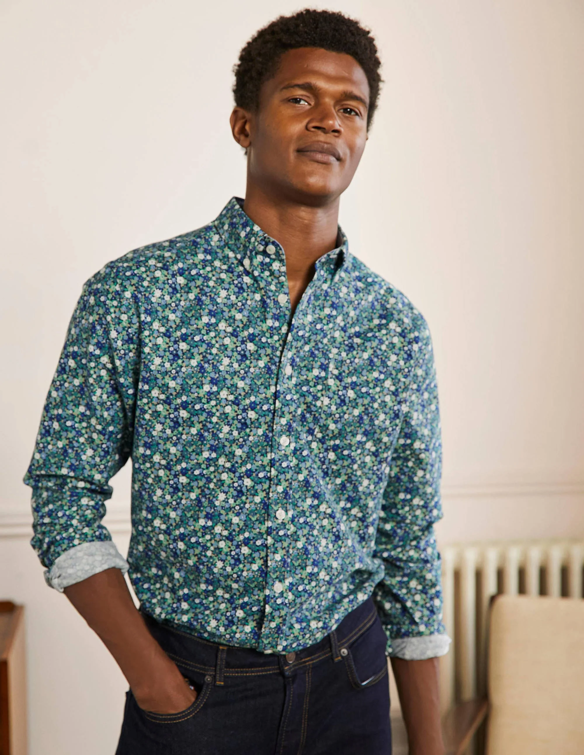 Button Down Oxford Shirt-Absinthe Navy Blue Flowerbed - Image 4