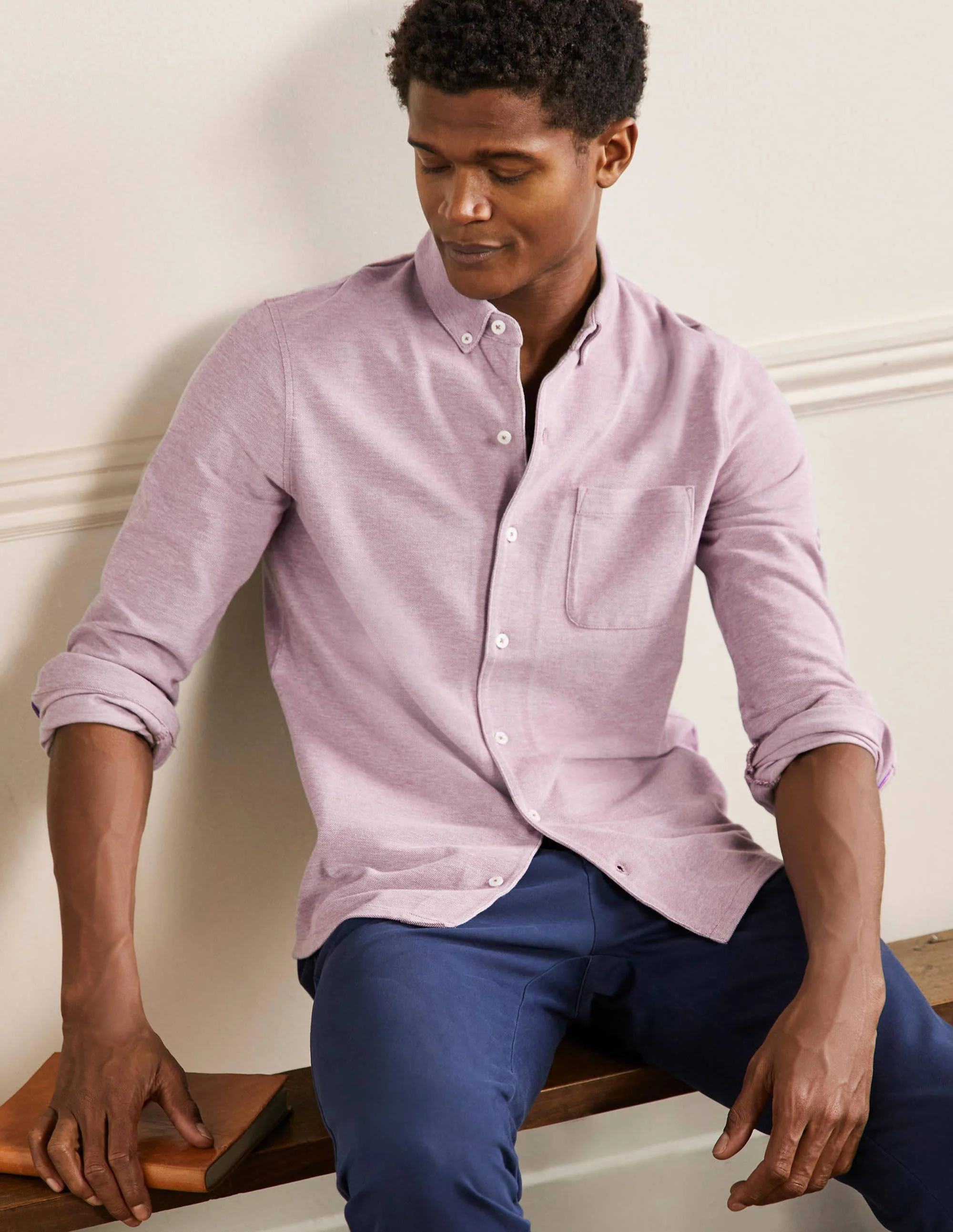 Button Down Piqué Shirt-Grape Jam/Snowdrop Oxford