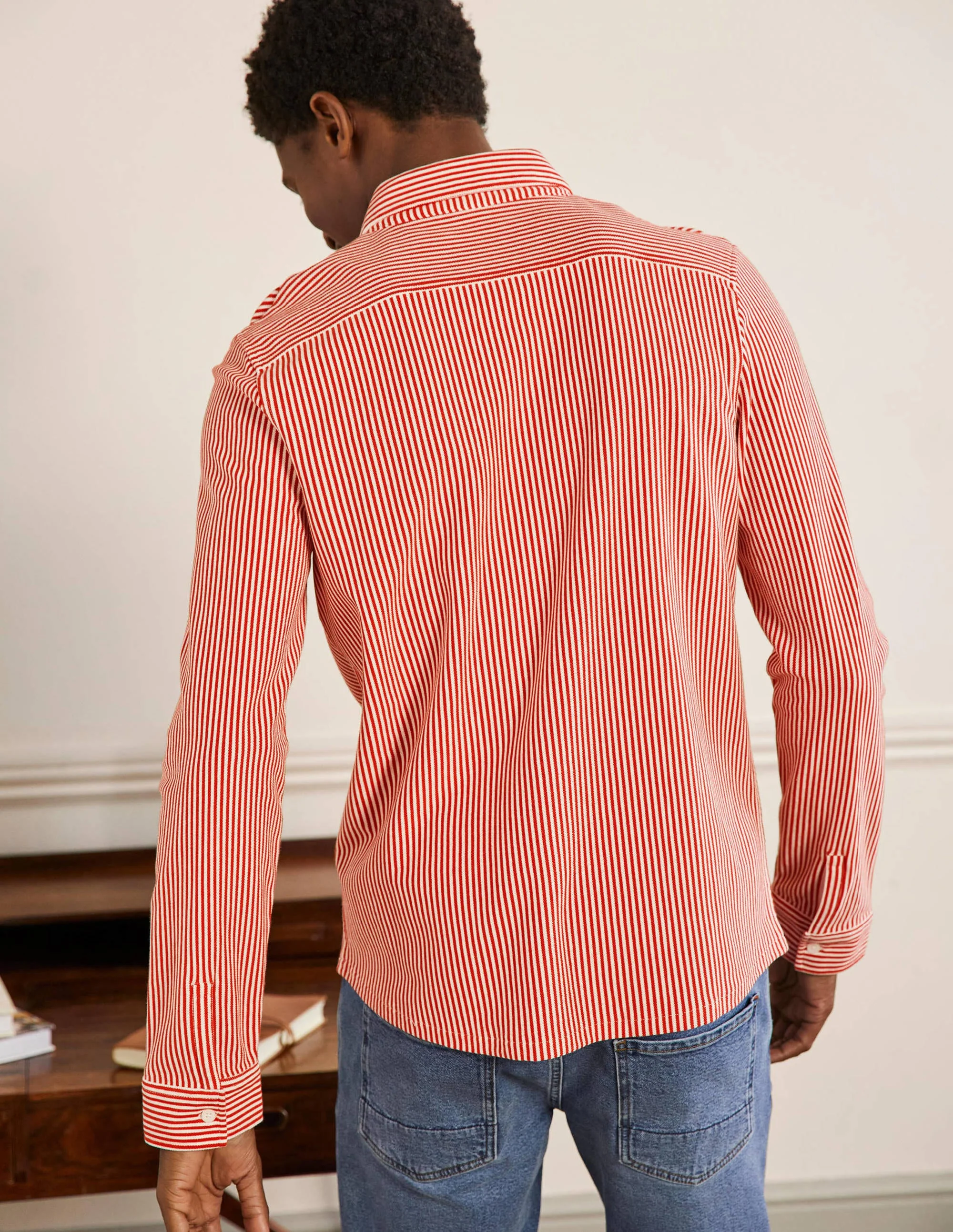 Button Down Piqué Shirt-Washed Red/Snowdrop Stripe - Image 3