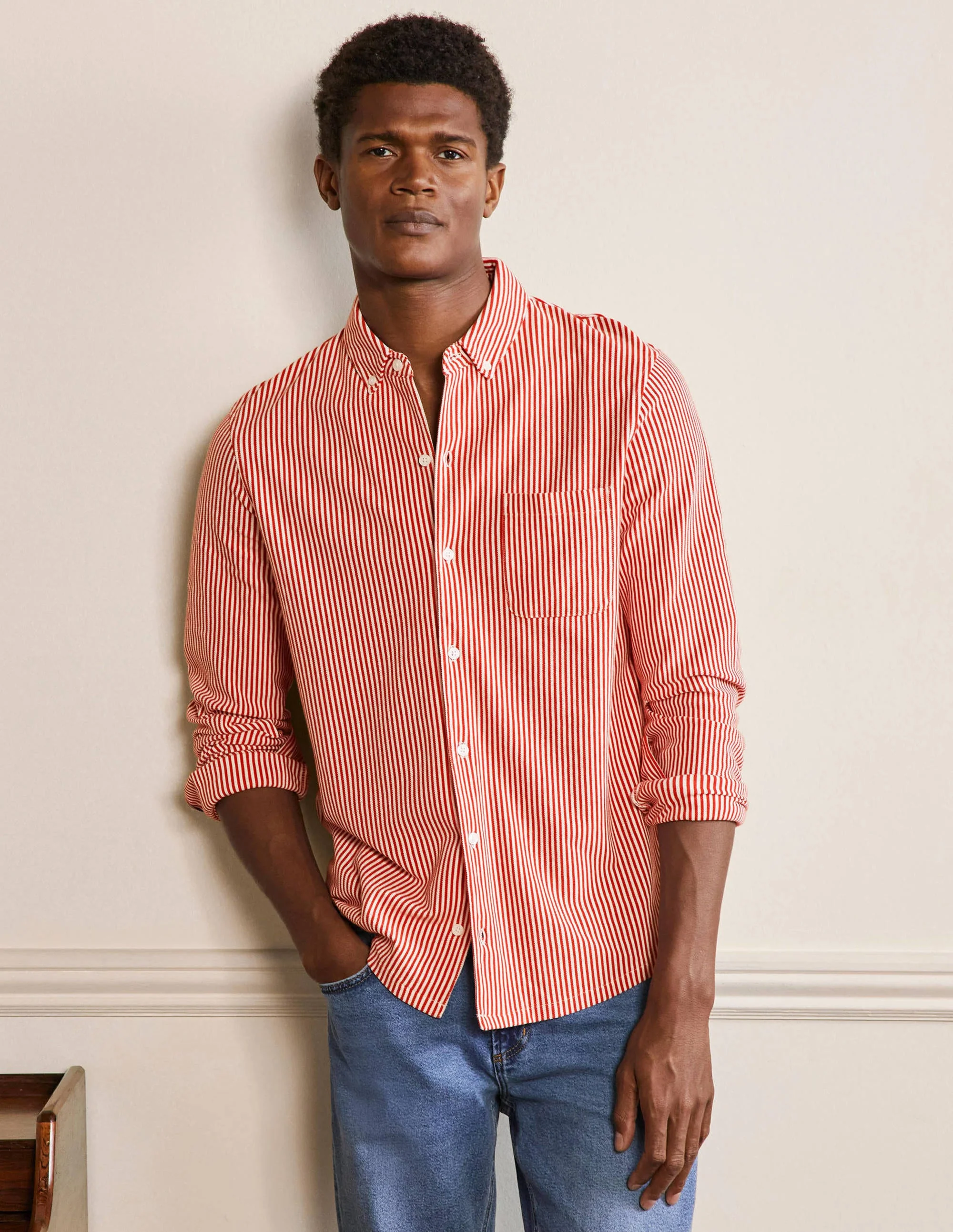 Button Down Piqué Shirt-Washed Red/Snowdrop Stripe - Image 4