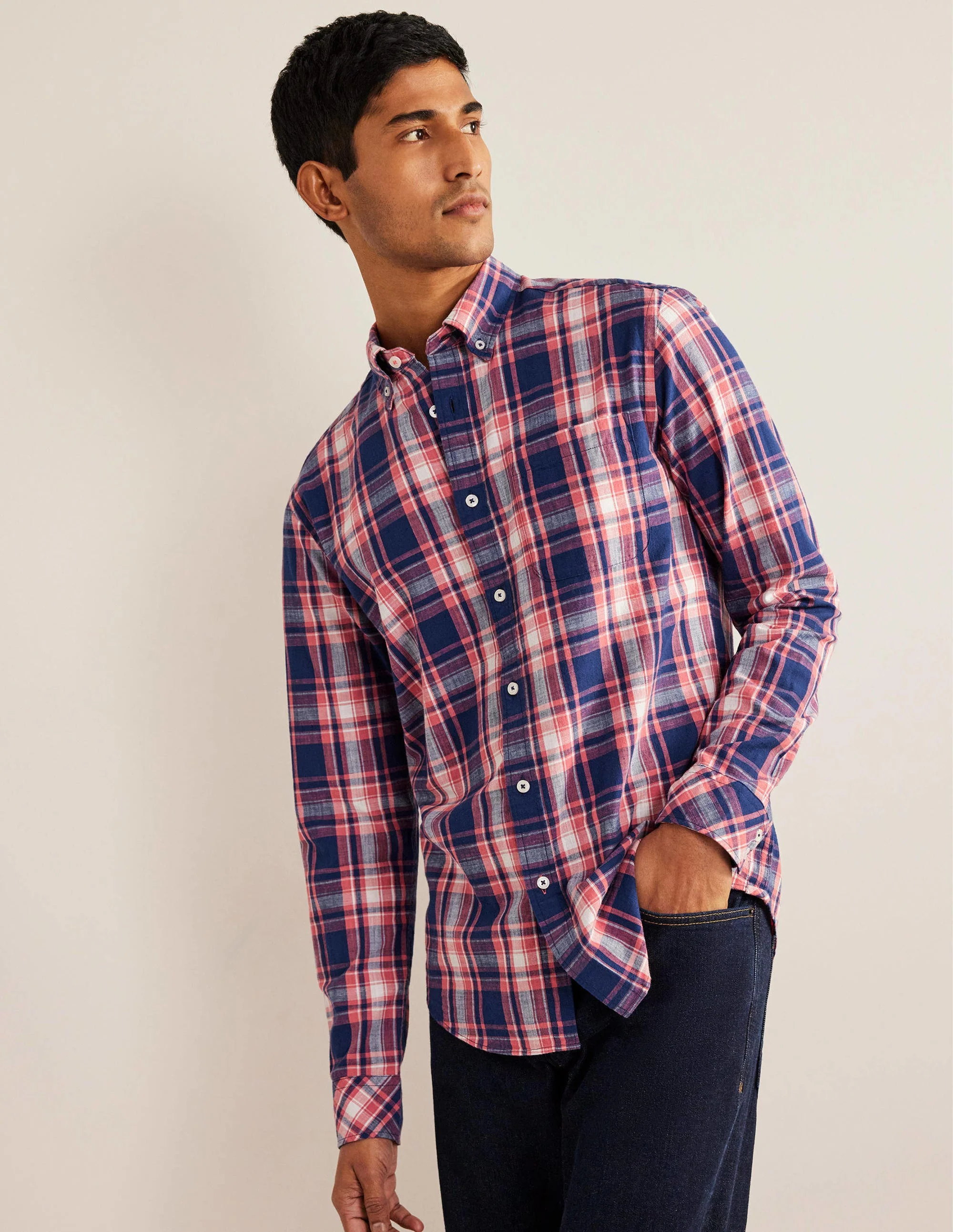 Button Down Slim Fit Shirt-Faded Red Check