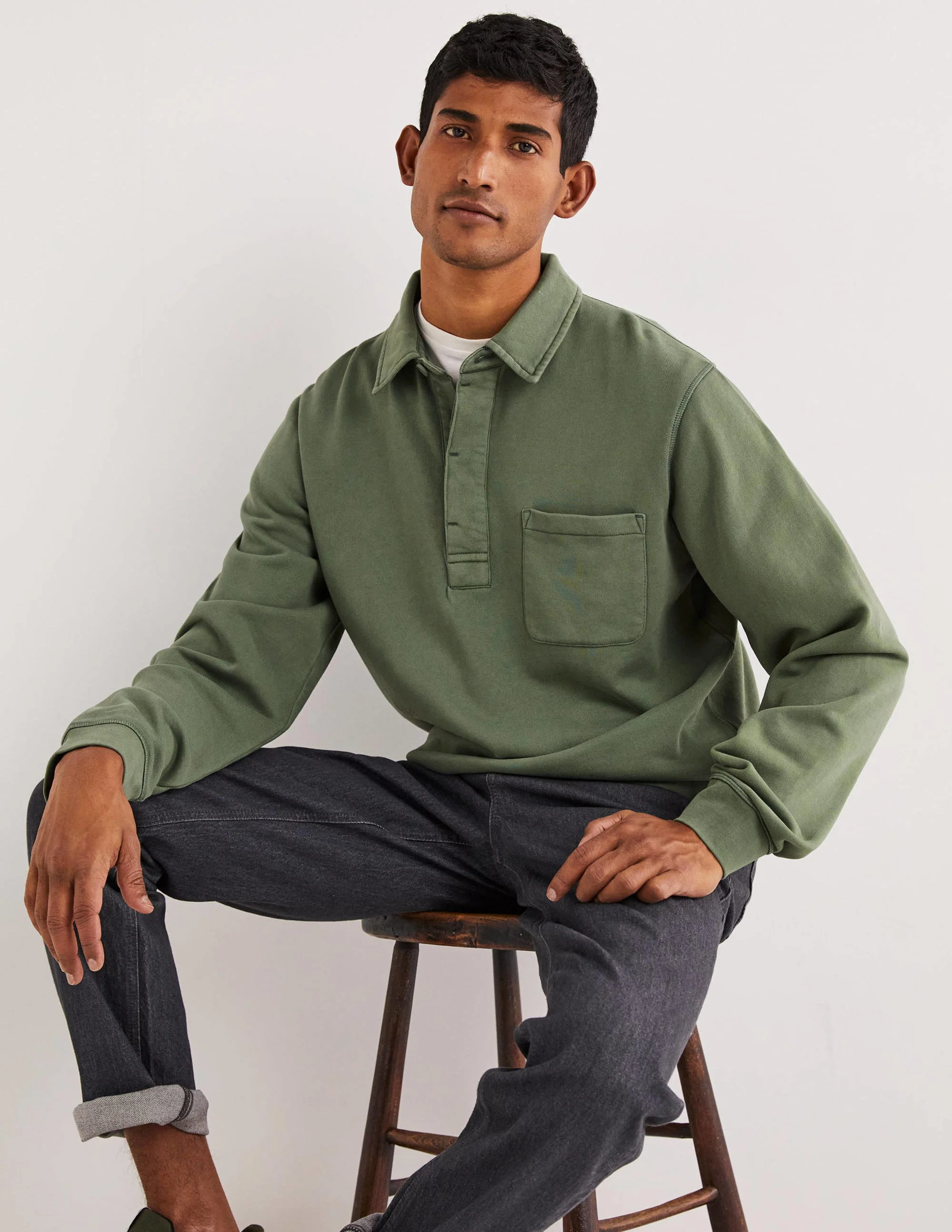 Button Neck Sweatshirt-Alligator Green - Image 4