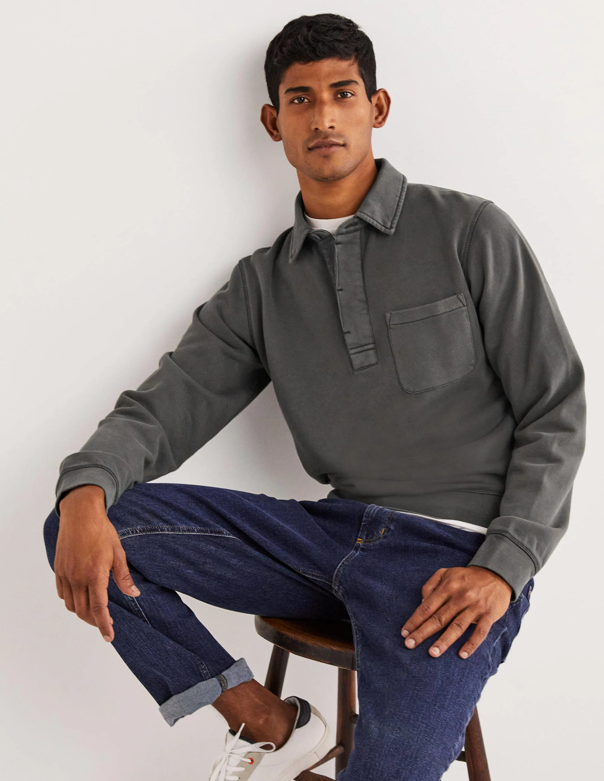 Button Neck Sweatshirt-Dark Grey