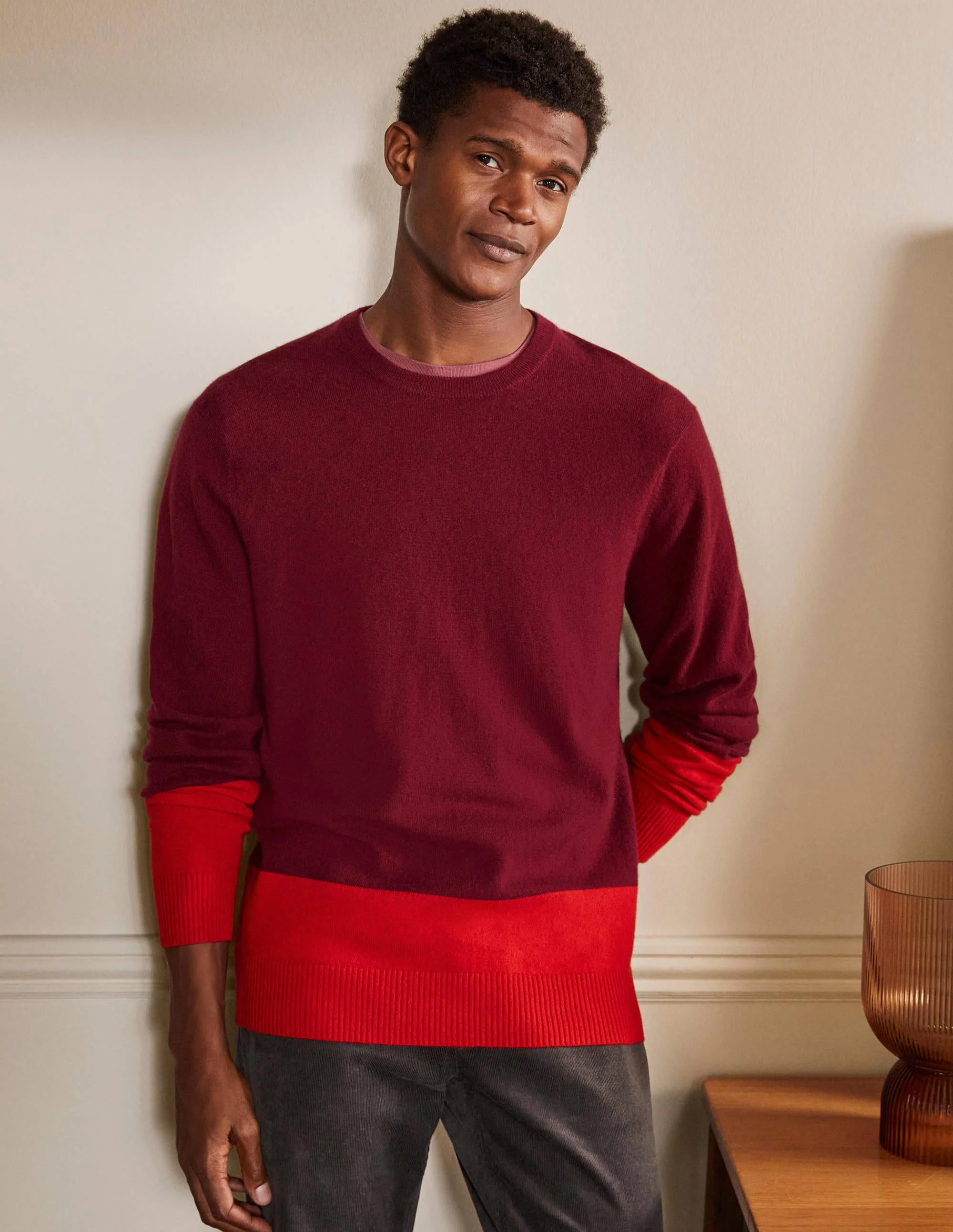 Cashmere Crew Neck Sweater-Maroon Colourblock - Image 5