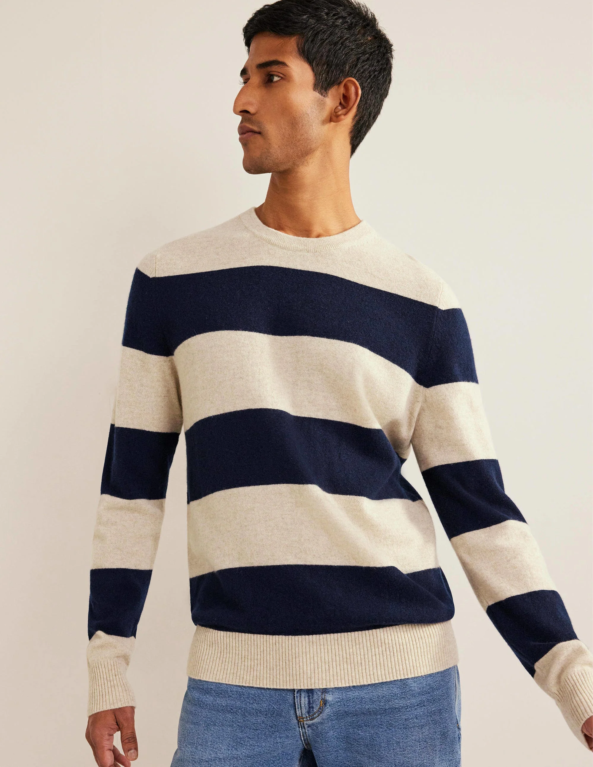 Cashmere Crew Neck Sweater-Oat/Navy Stripe