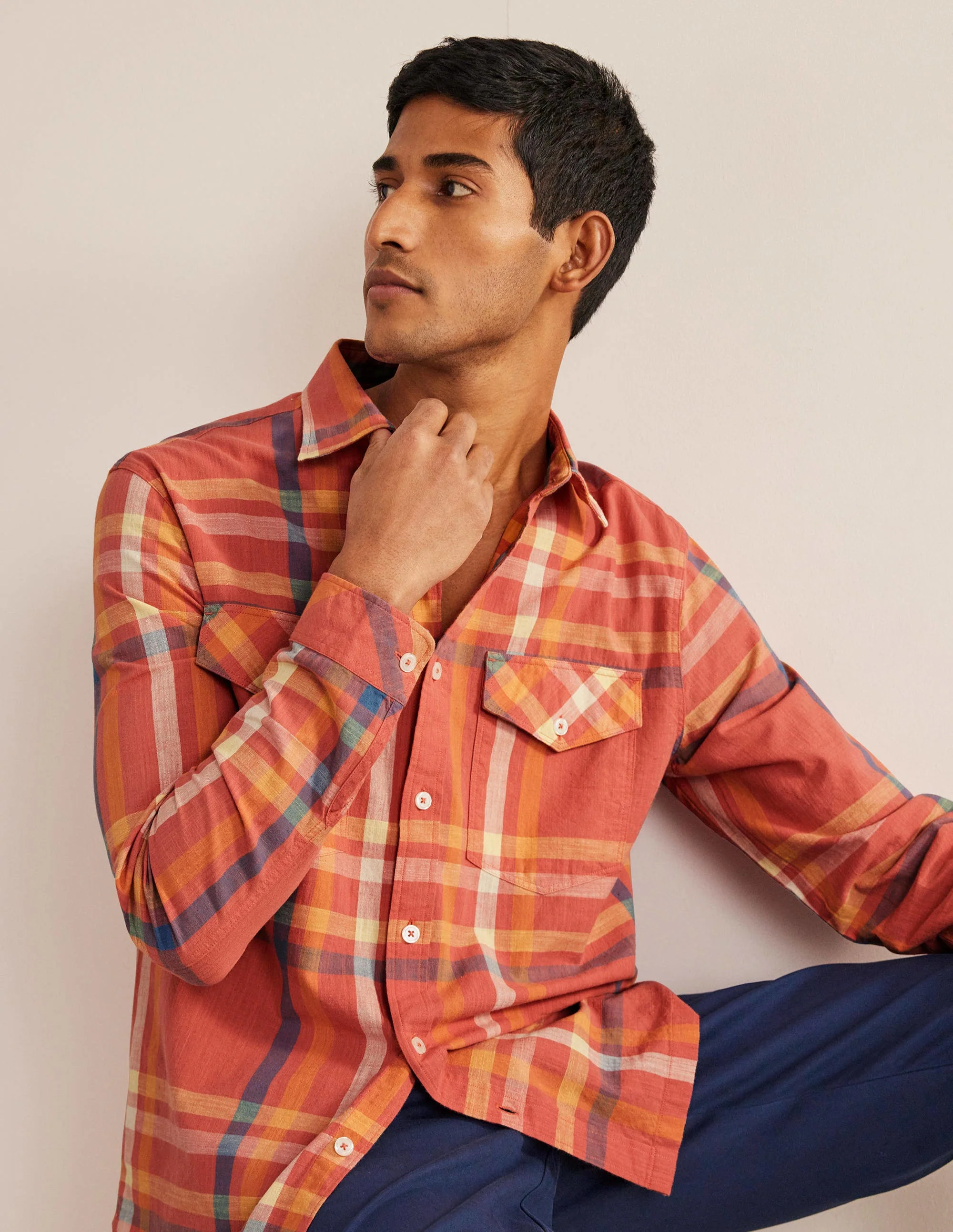 Casual Cotton Check Shirt-Red Check - Image 4