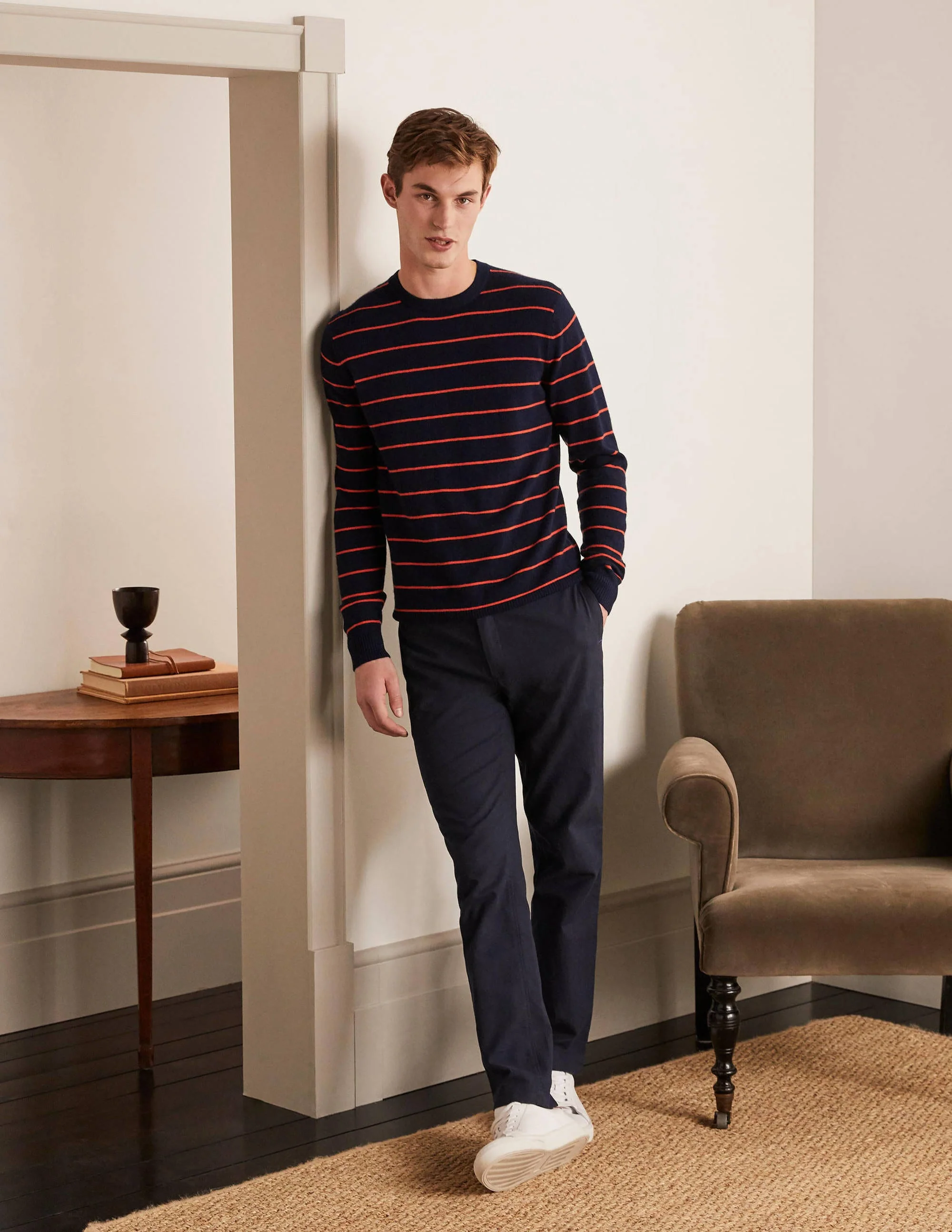 Chaldon Elasticated Pants-Navy Herringbone