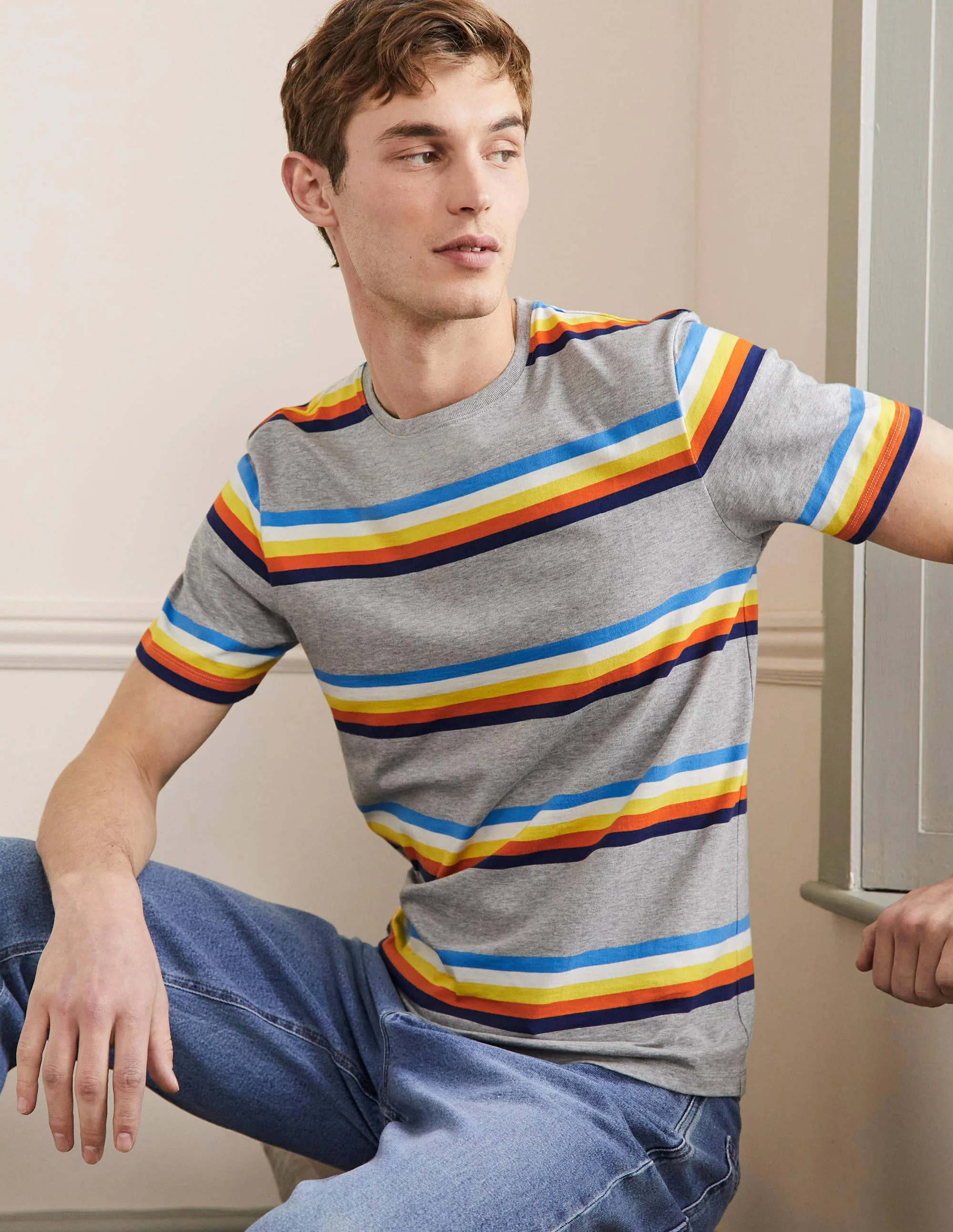 Classic Cotton T-shirt-Grey Marl Multi Stripe