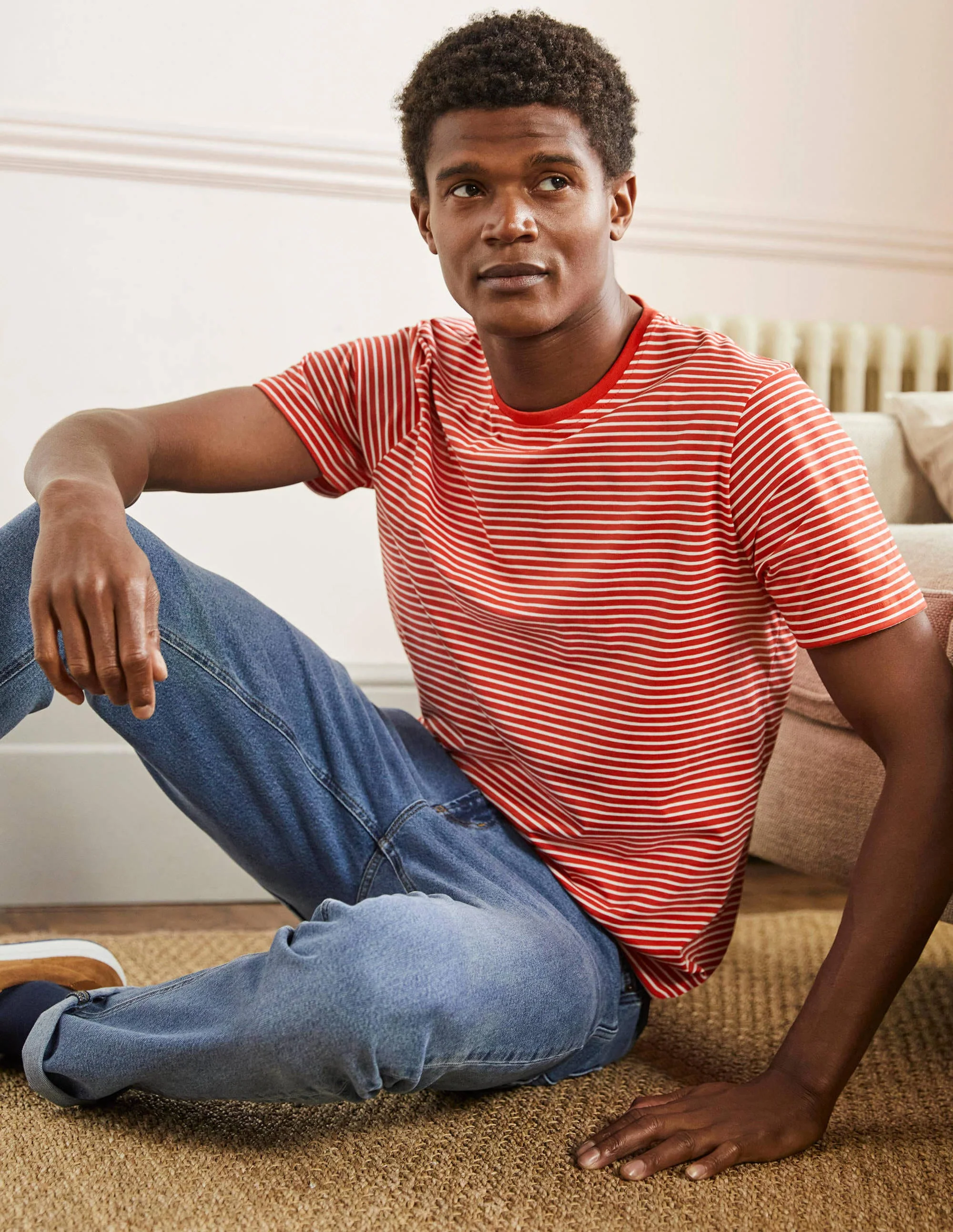 Classic Cotton T-shirt-Vintage Red/Snowdrop Stripe