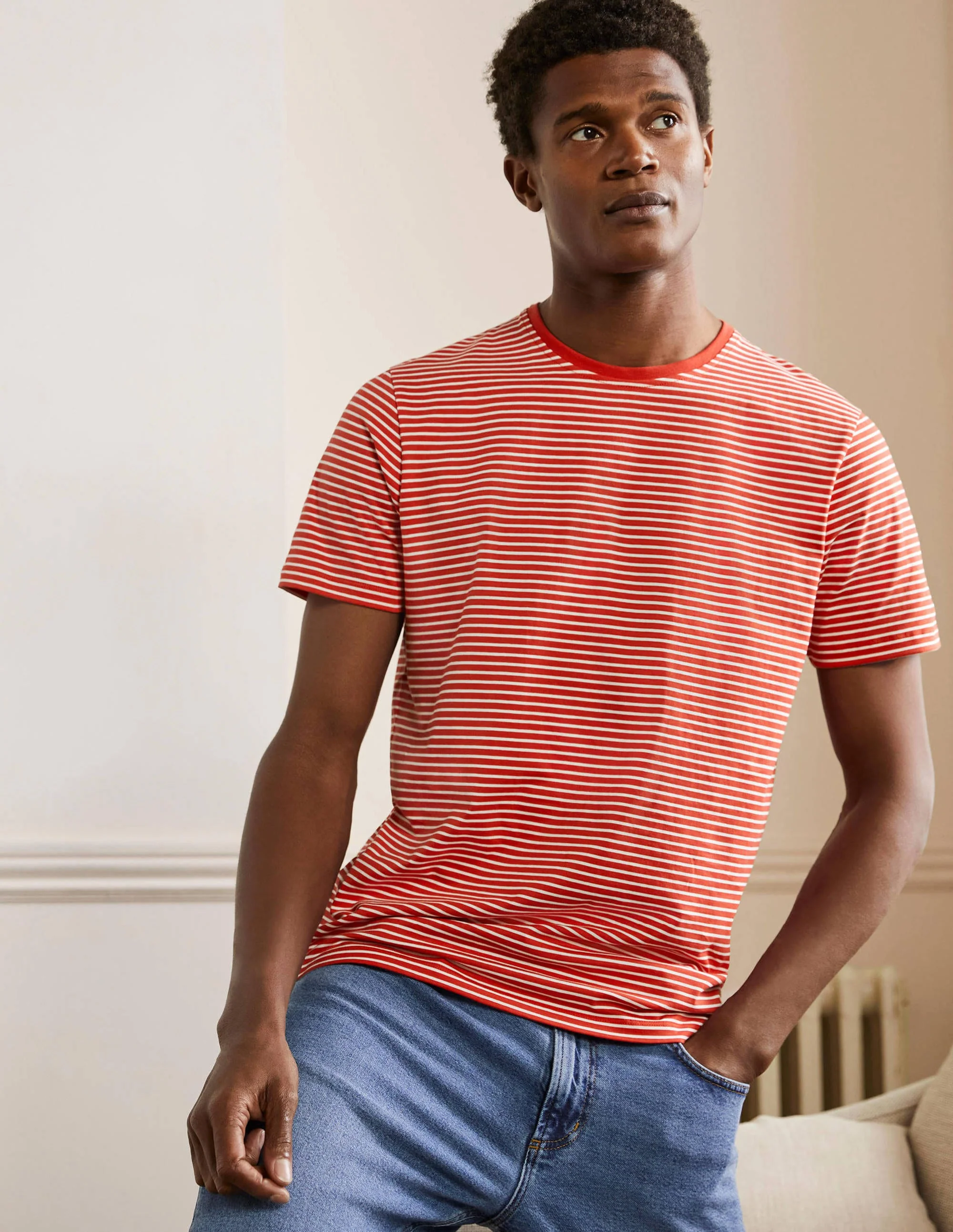 Classic Cotton T-shirt-Vintage Red/Snowdrop Stripe - Image 4