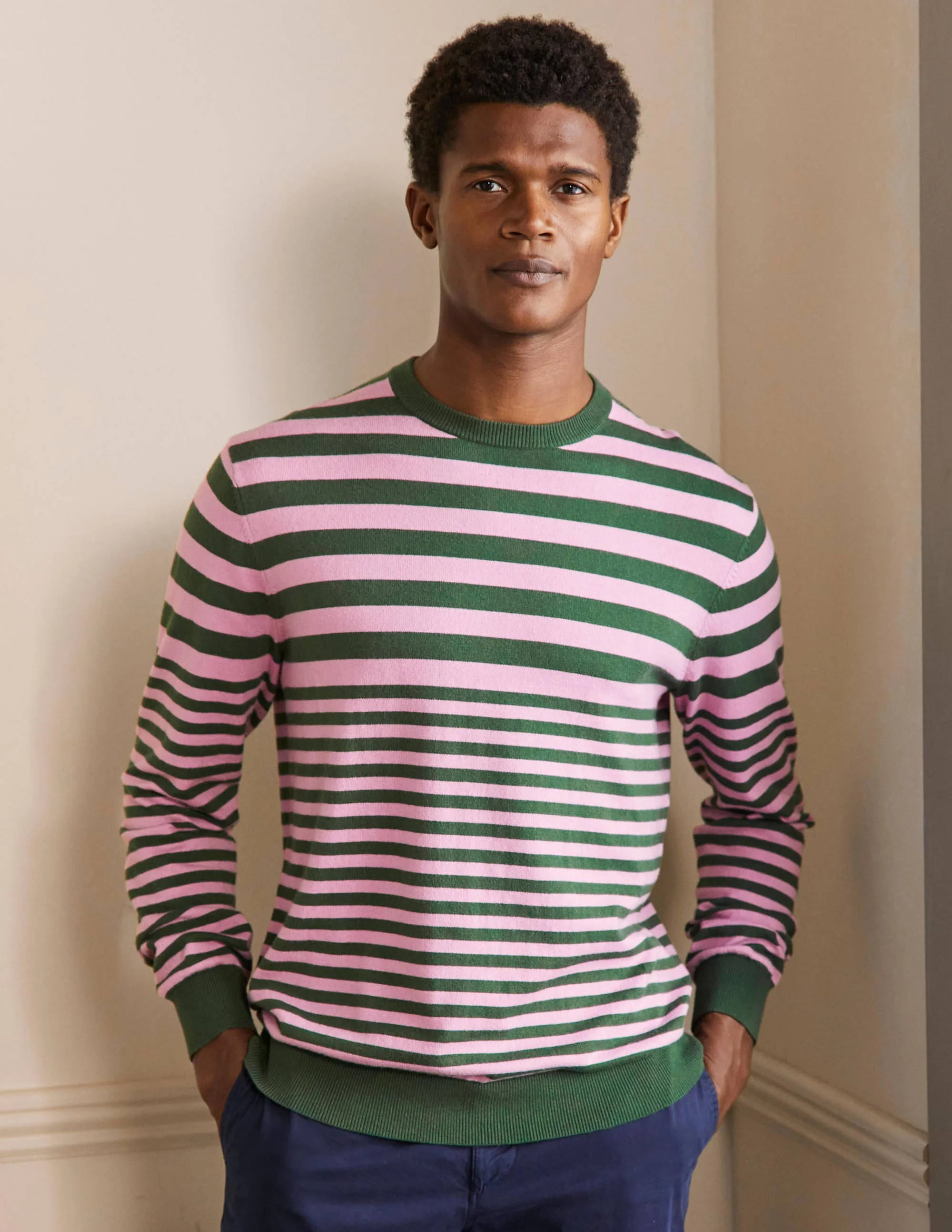 Cotton Cashmere Crew Neck-Cool Violet/Park Green Stripe - Image 4