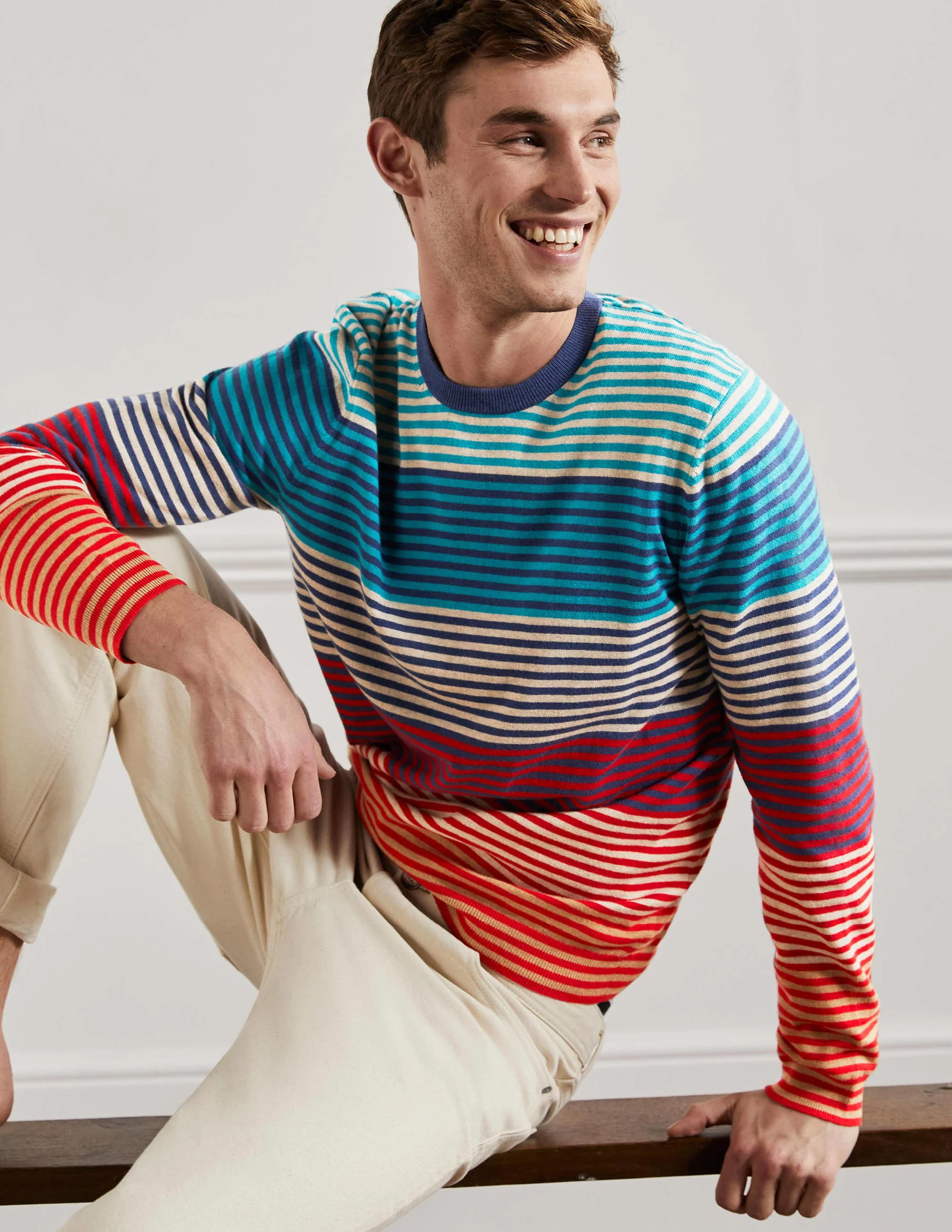 Cotton Cashmere Crew Neck-Feeder Block Stripe