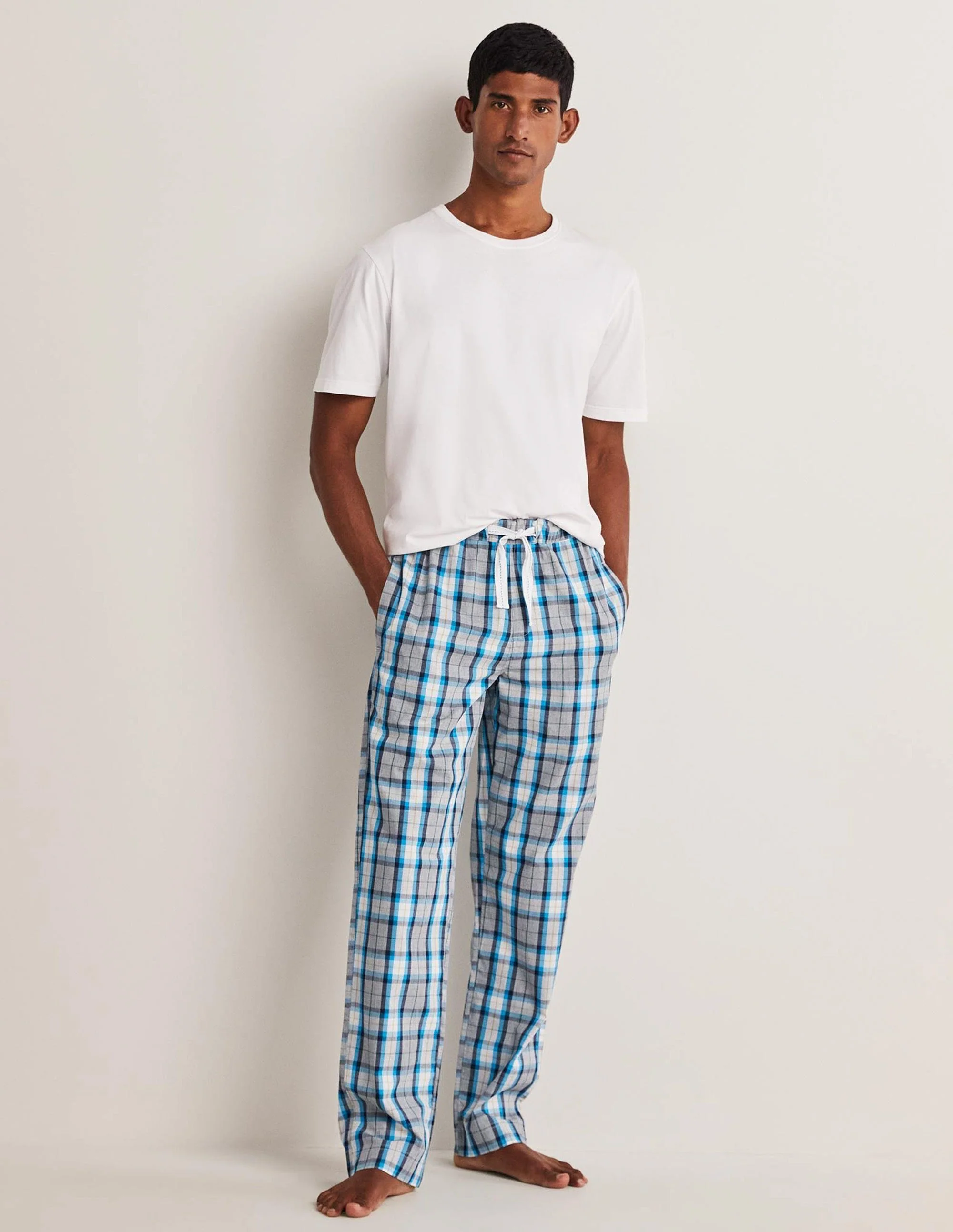 Cotton Poplin Pajama Bottoms-Grey Marl and Blue Check