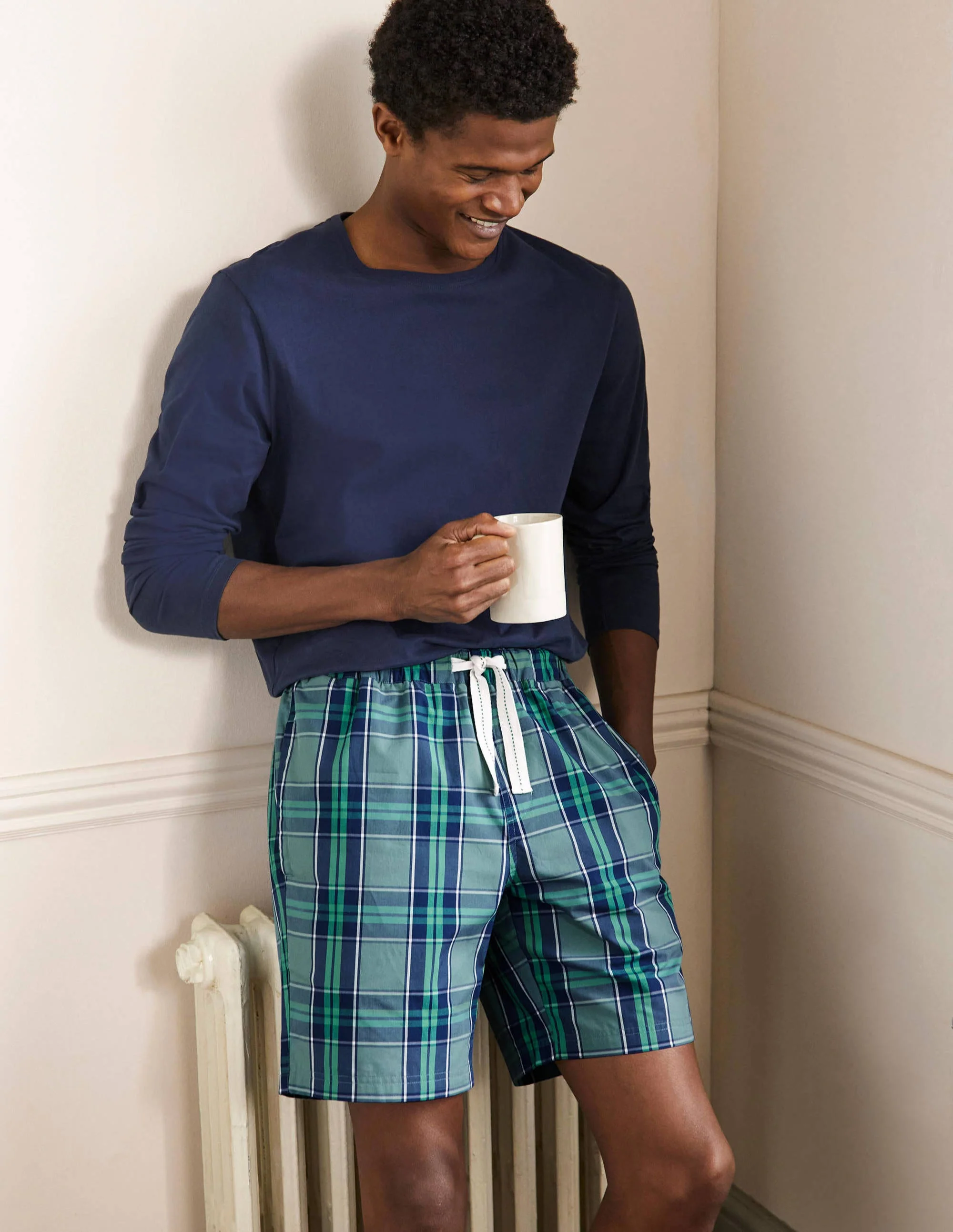 Cotton Poplin Pajama Shorts-Storm Blue/Green Check