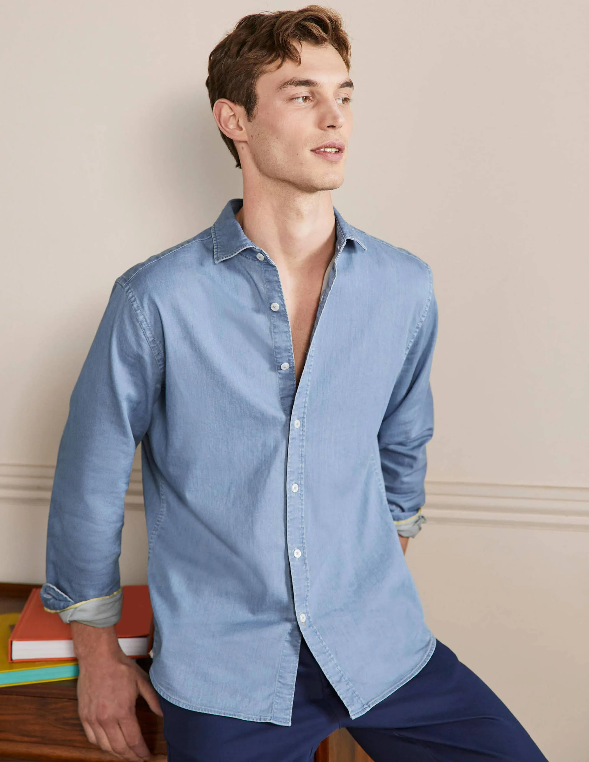 Cutaway Collar Denim Shirt-Light Chambray Blue