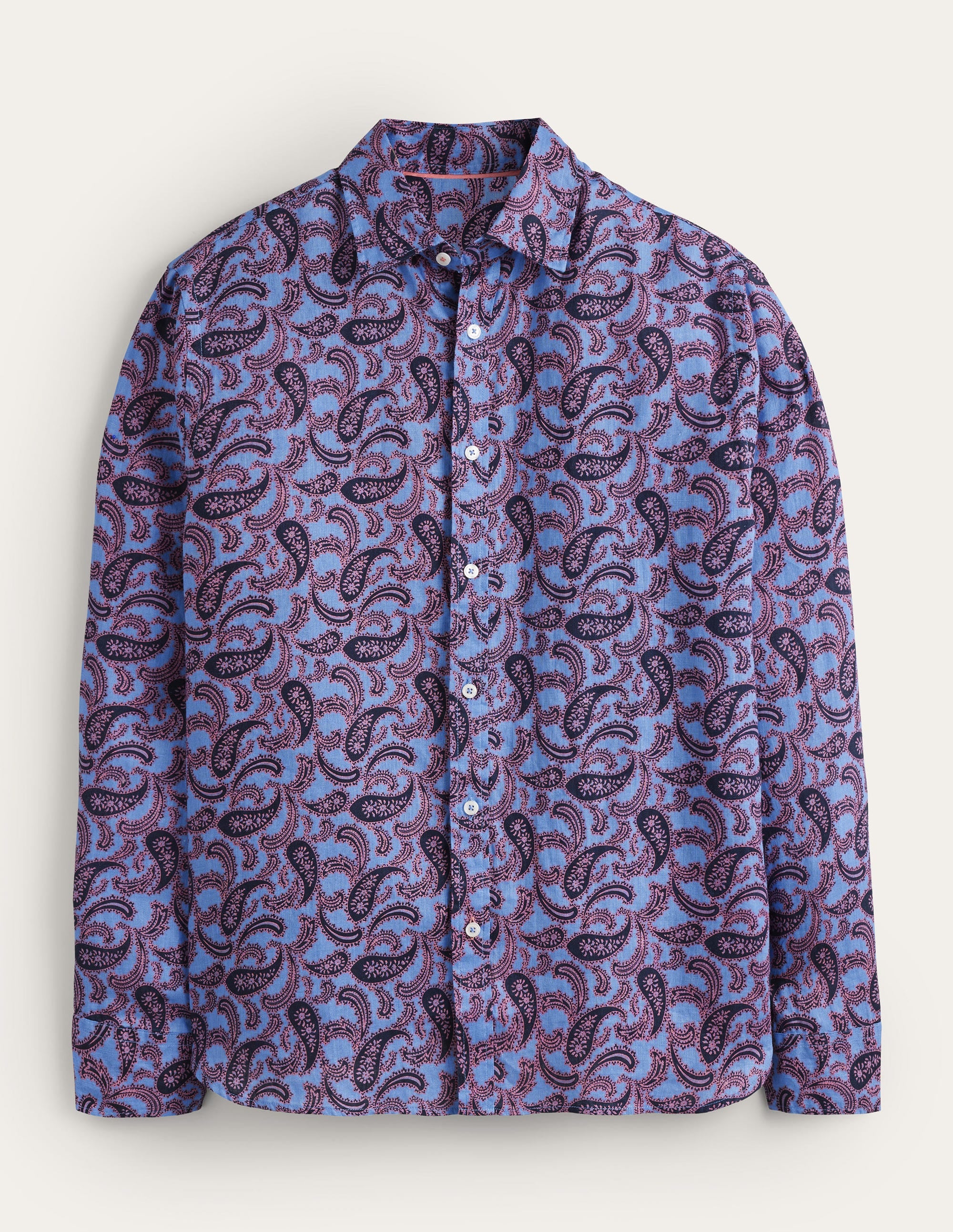 Cutaway Collar Linen Shirt-Bright Blue Paisley