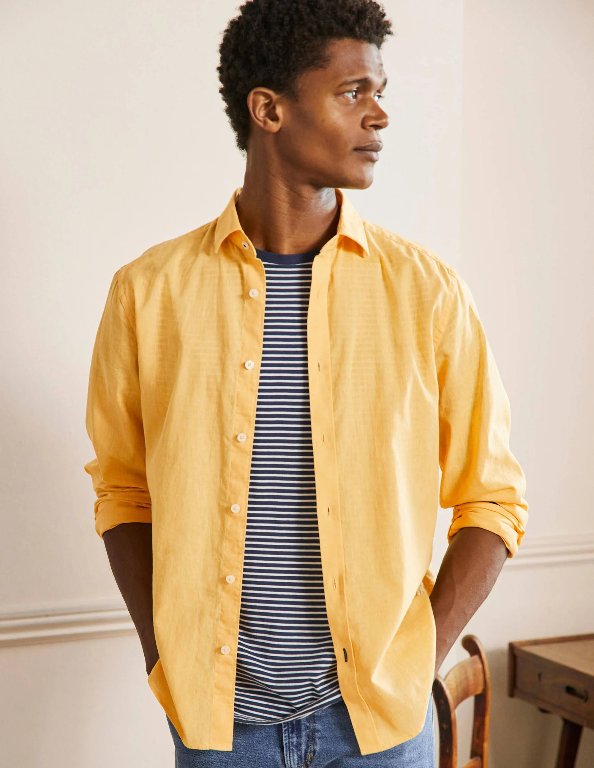 Cutaway Collar Linen Shirt-Cornsilk Yellow