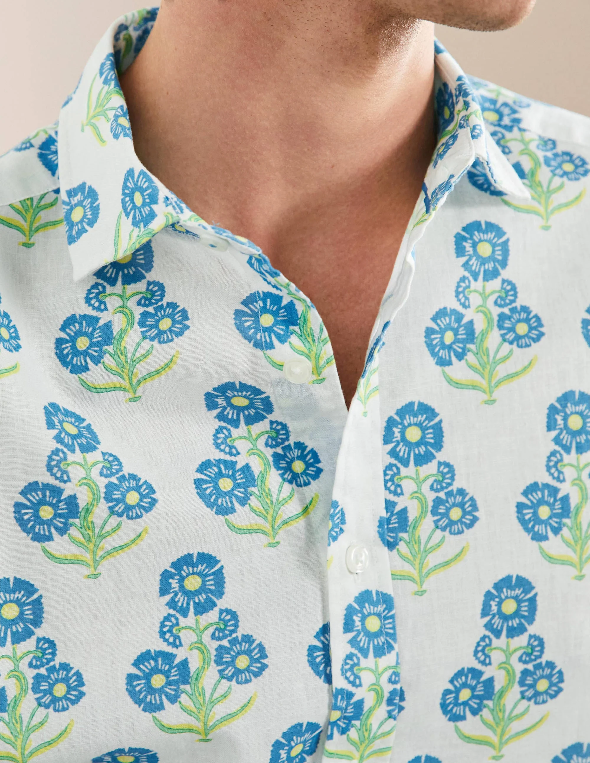 Cutaway Collar Linen Shirt-Molly Mahon Flower Woodblock - Image 2