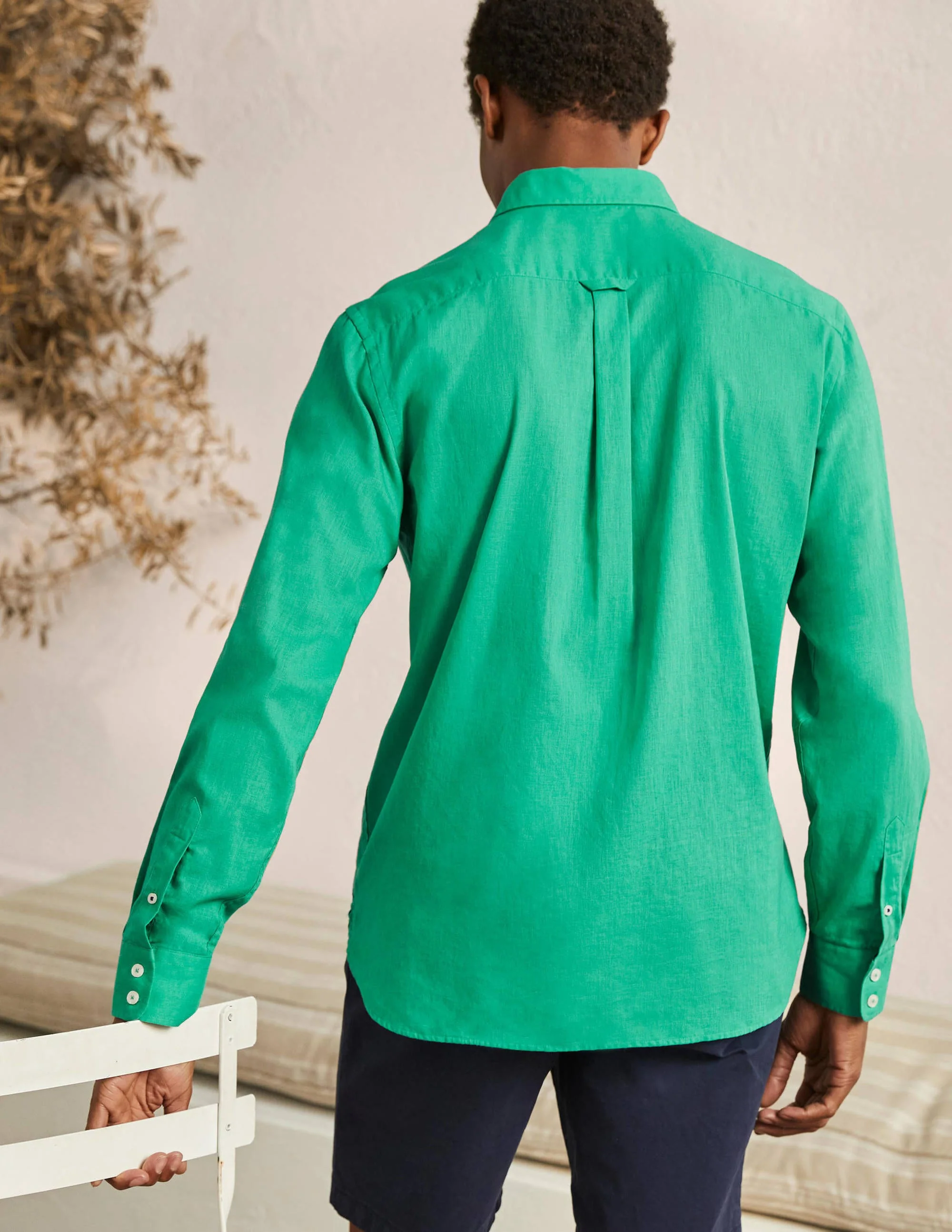 Cutaway Collar Linen Shirt-Sea Green - Image 3