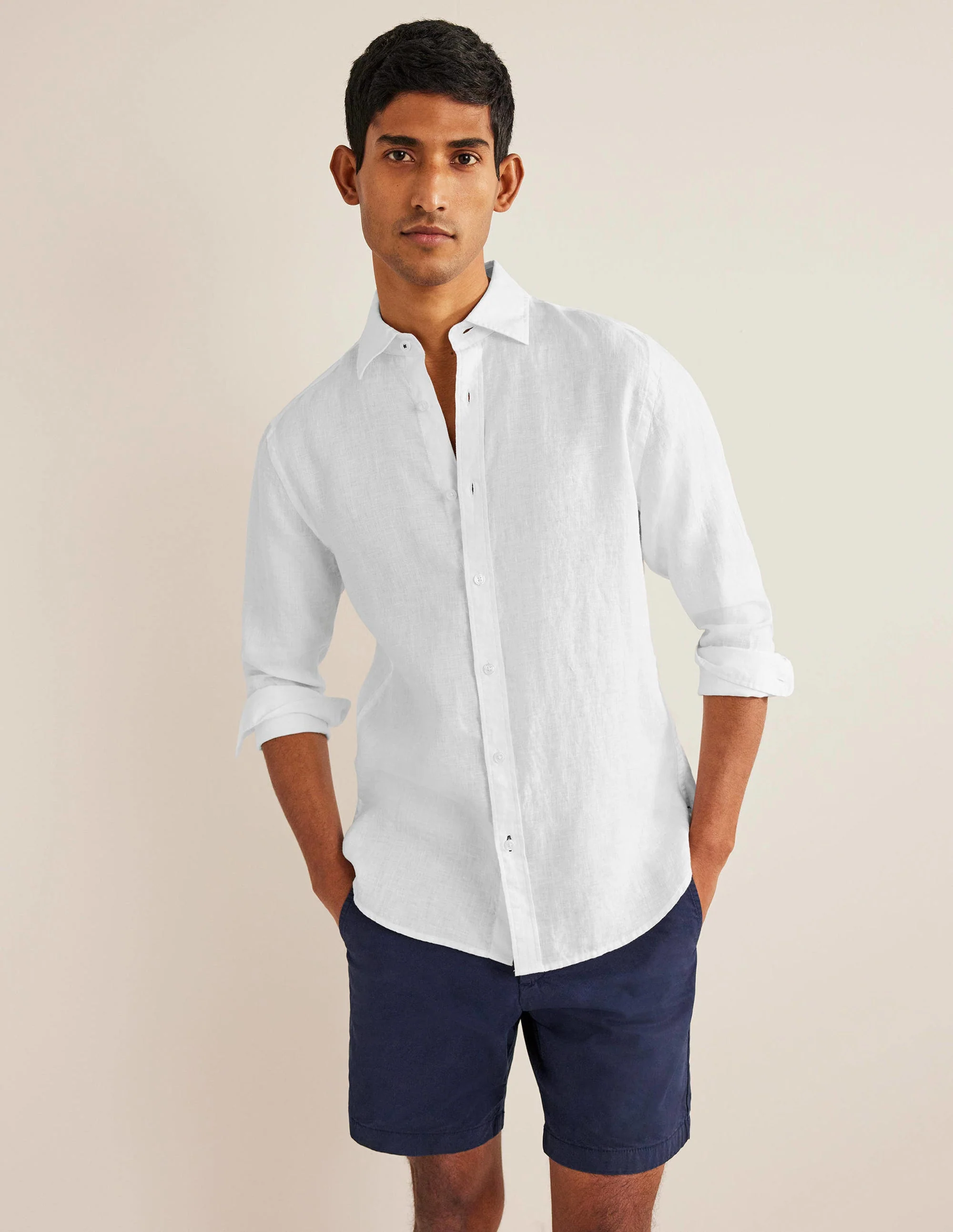 Cutaway Collar Linen Shirt-White - Image 4