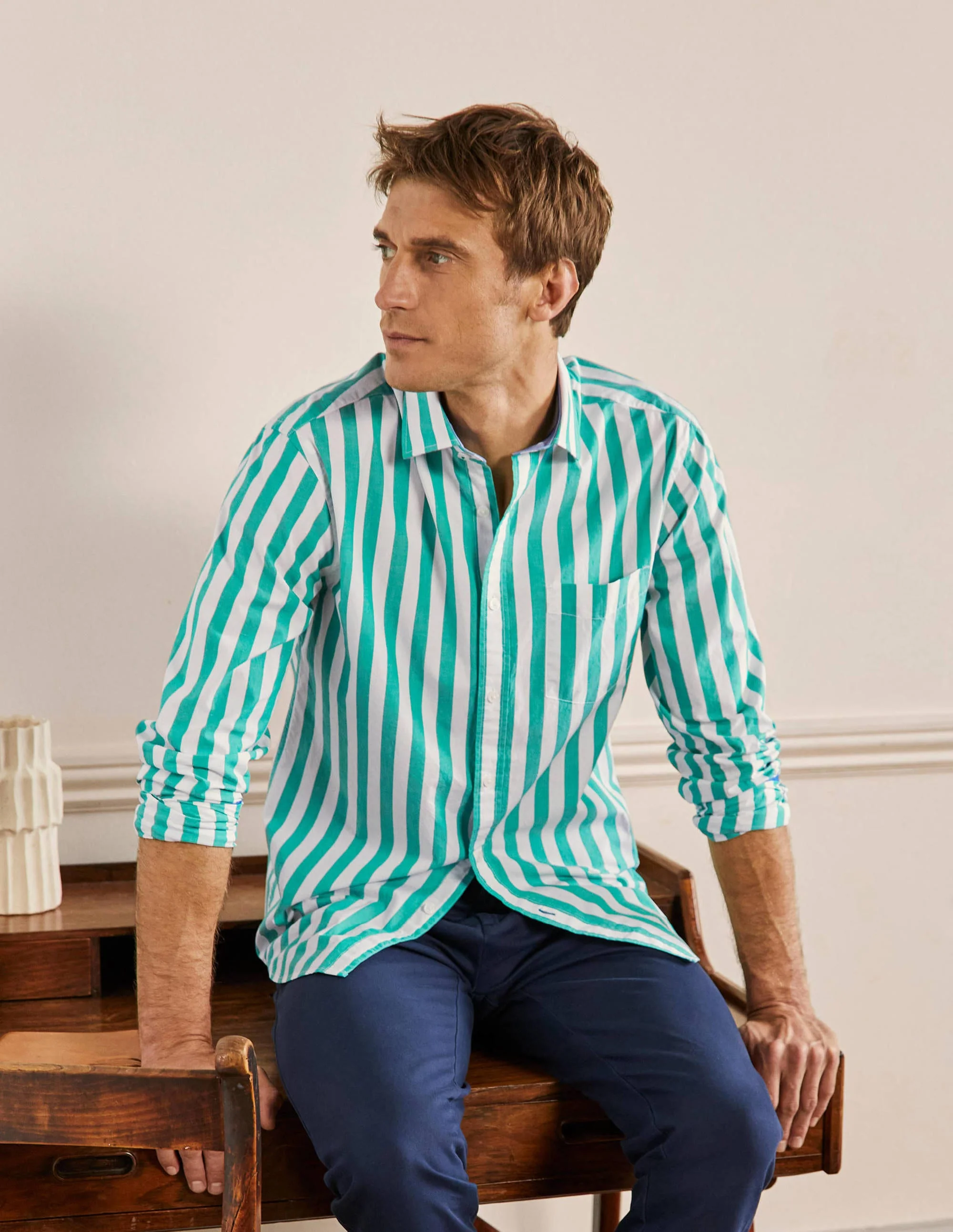 Cutaway Collar Poplin Shirt-Green Pepper Stripe - Image 4