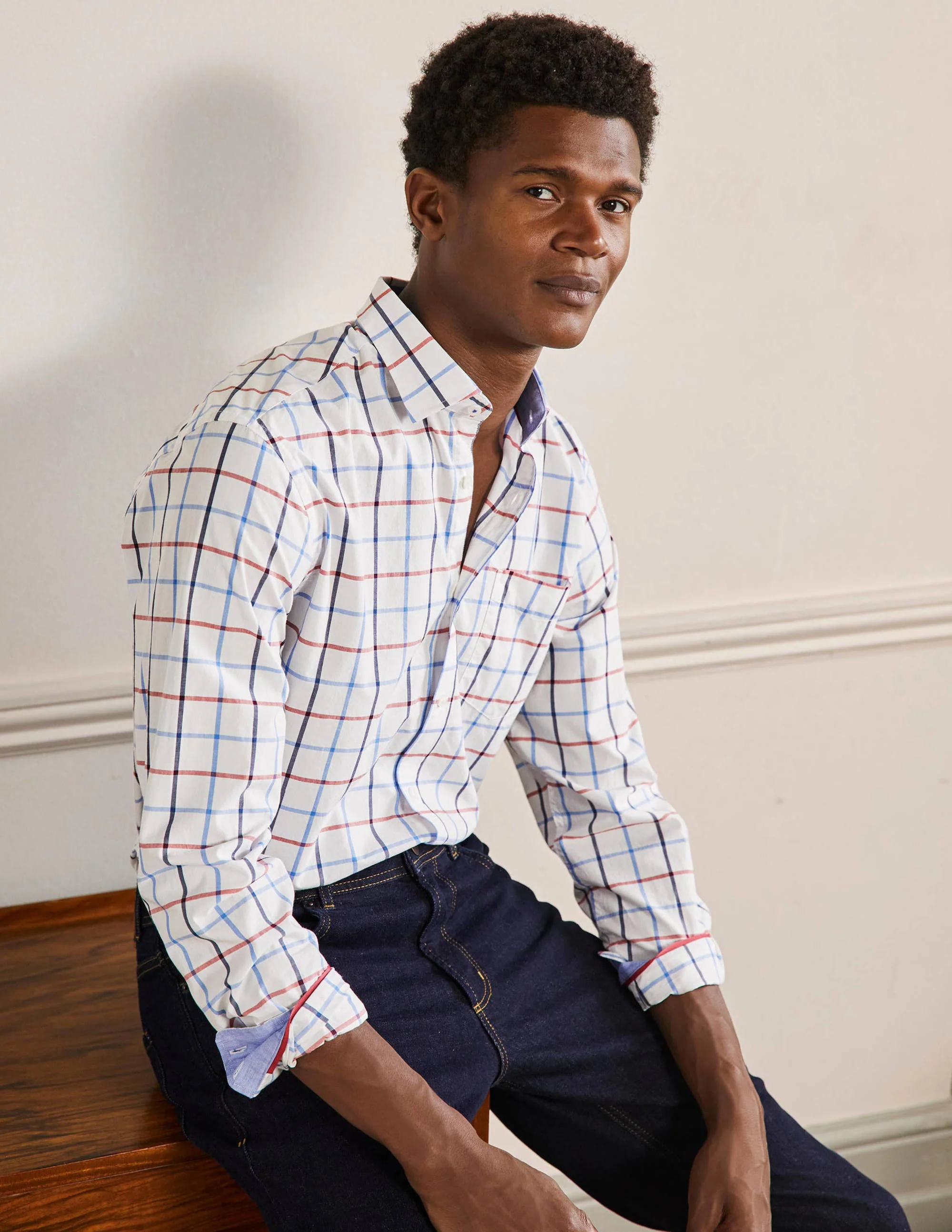 Cutaway Collar Poplin Shirt-Red and Snowdrop Check