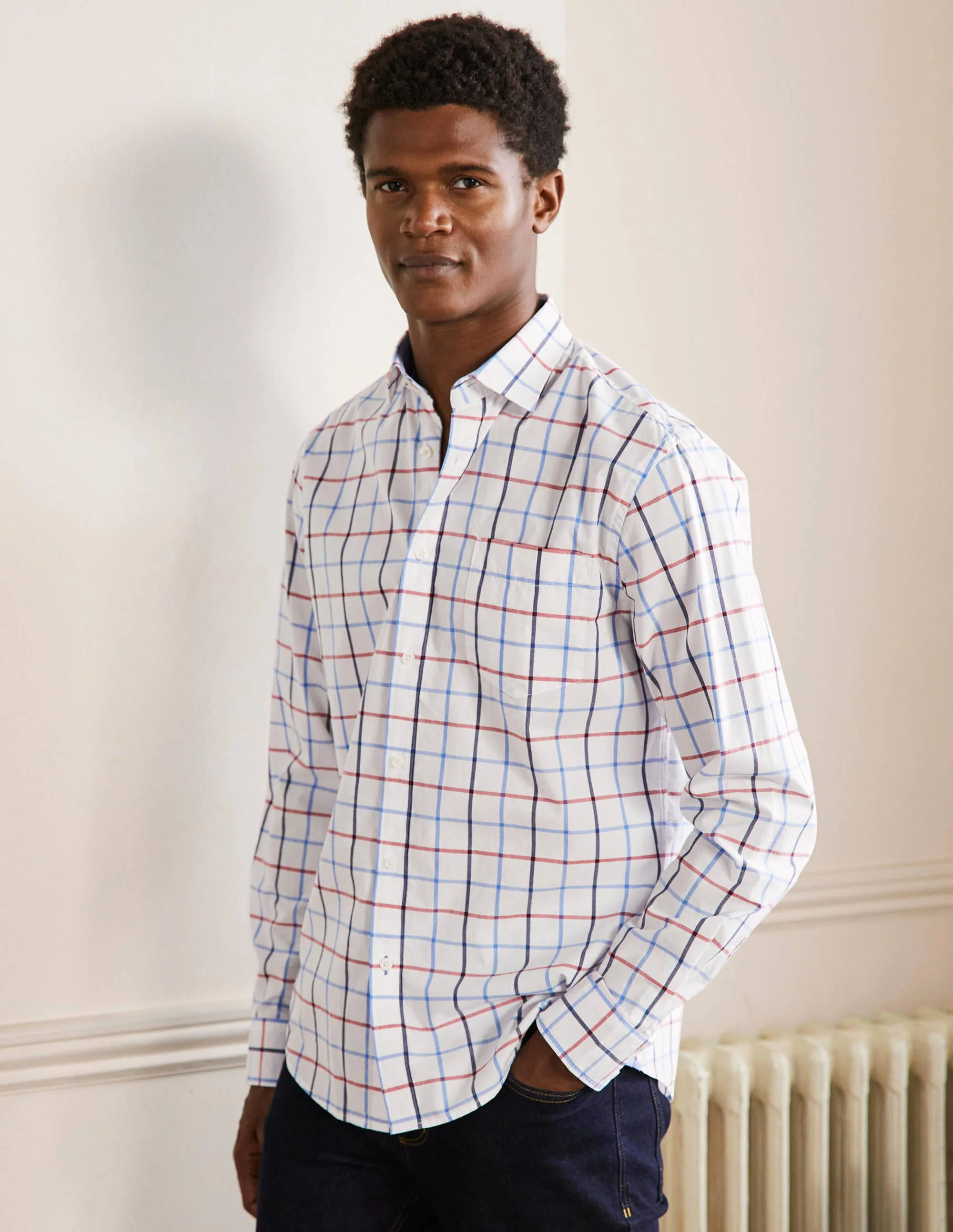 Cutaway Collar Poplin Shirt-Red and Snowdrop Check - Image 4
