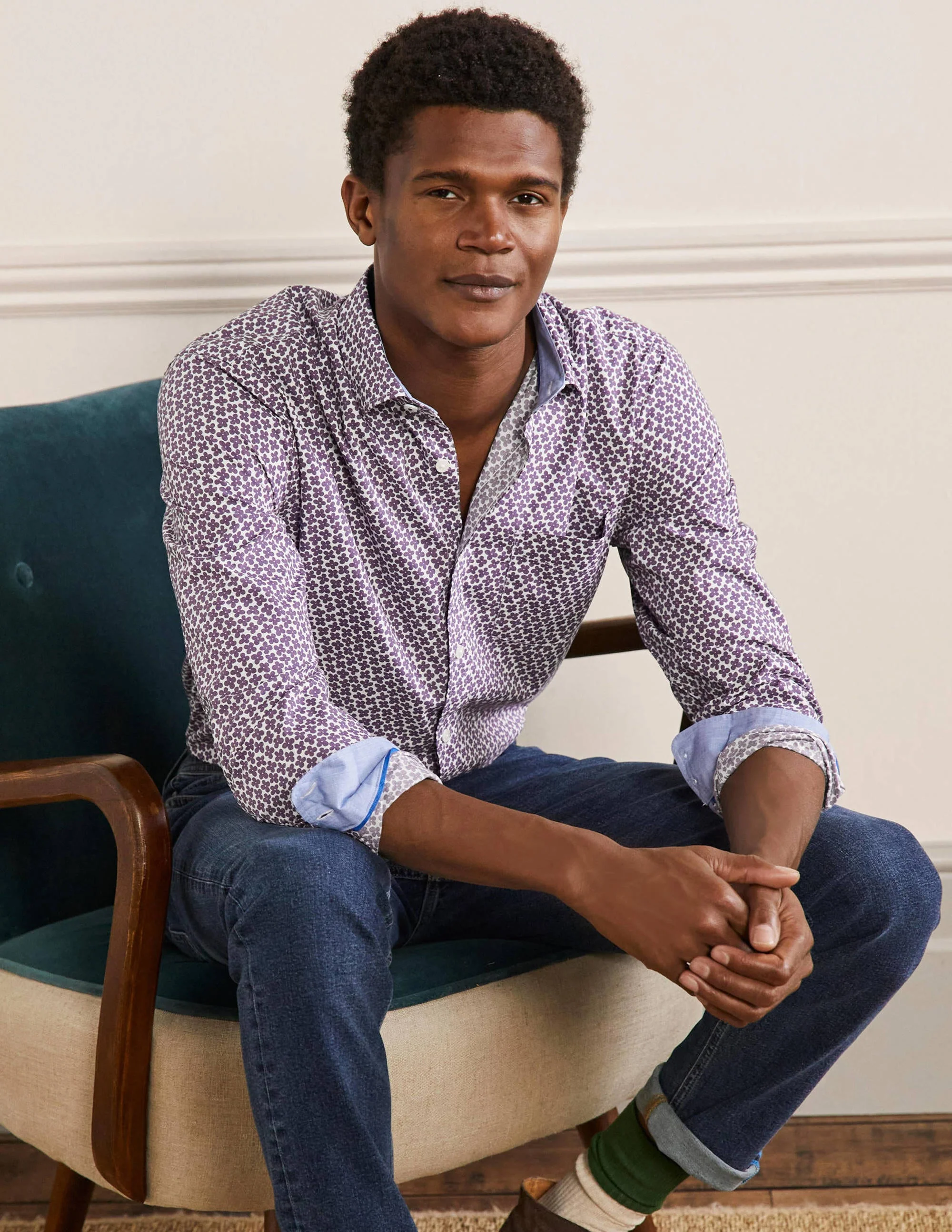 Cutaway Collar Poplin Shirt-Snowdrop/Grape Jam Ditsy Daisy