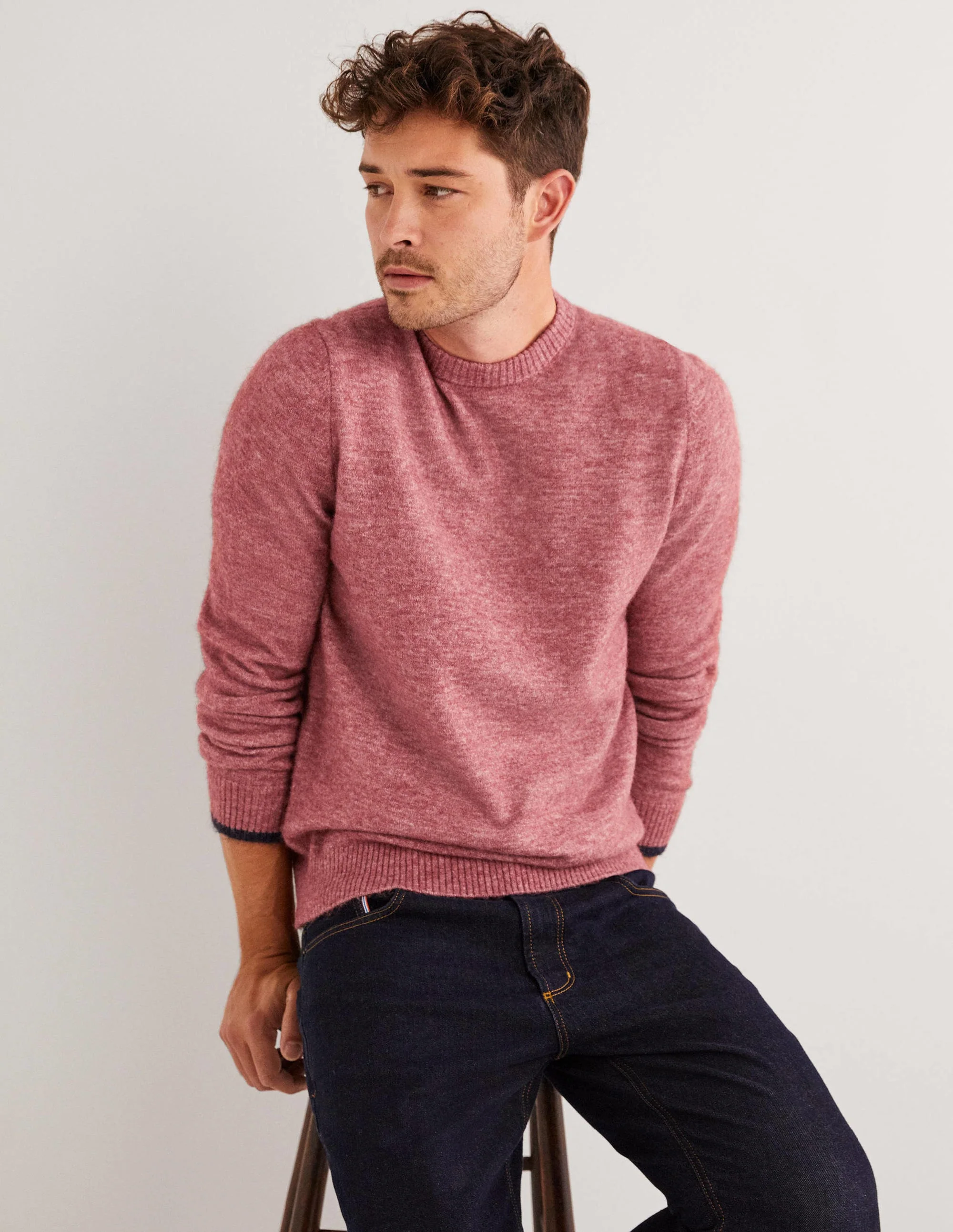 Fluffy Crew Neck Sweater-Blush Pink Melange - Image 5
