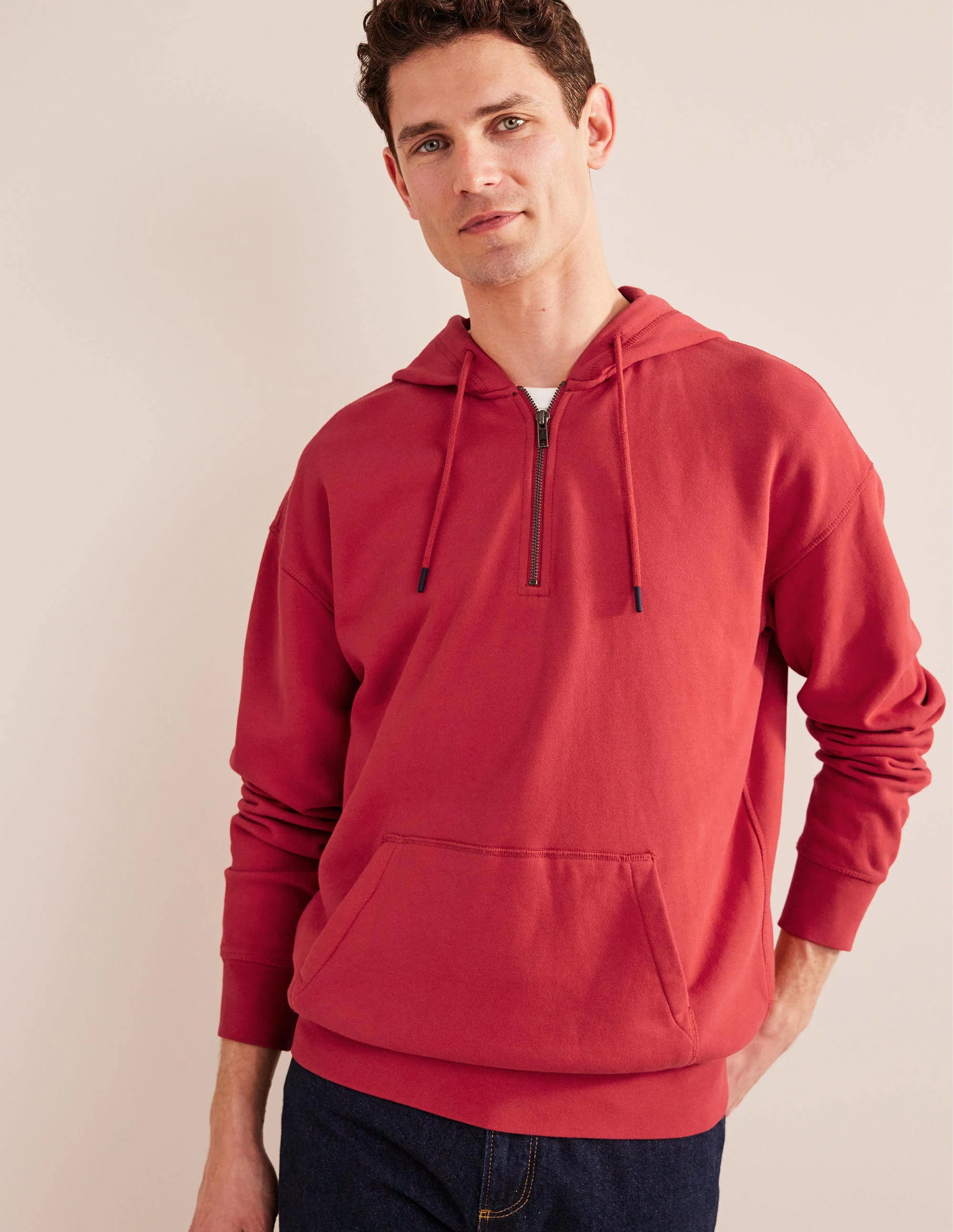 Garment Dye Half Zip Hoodie-Pompeian Red
