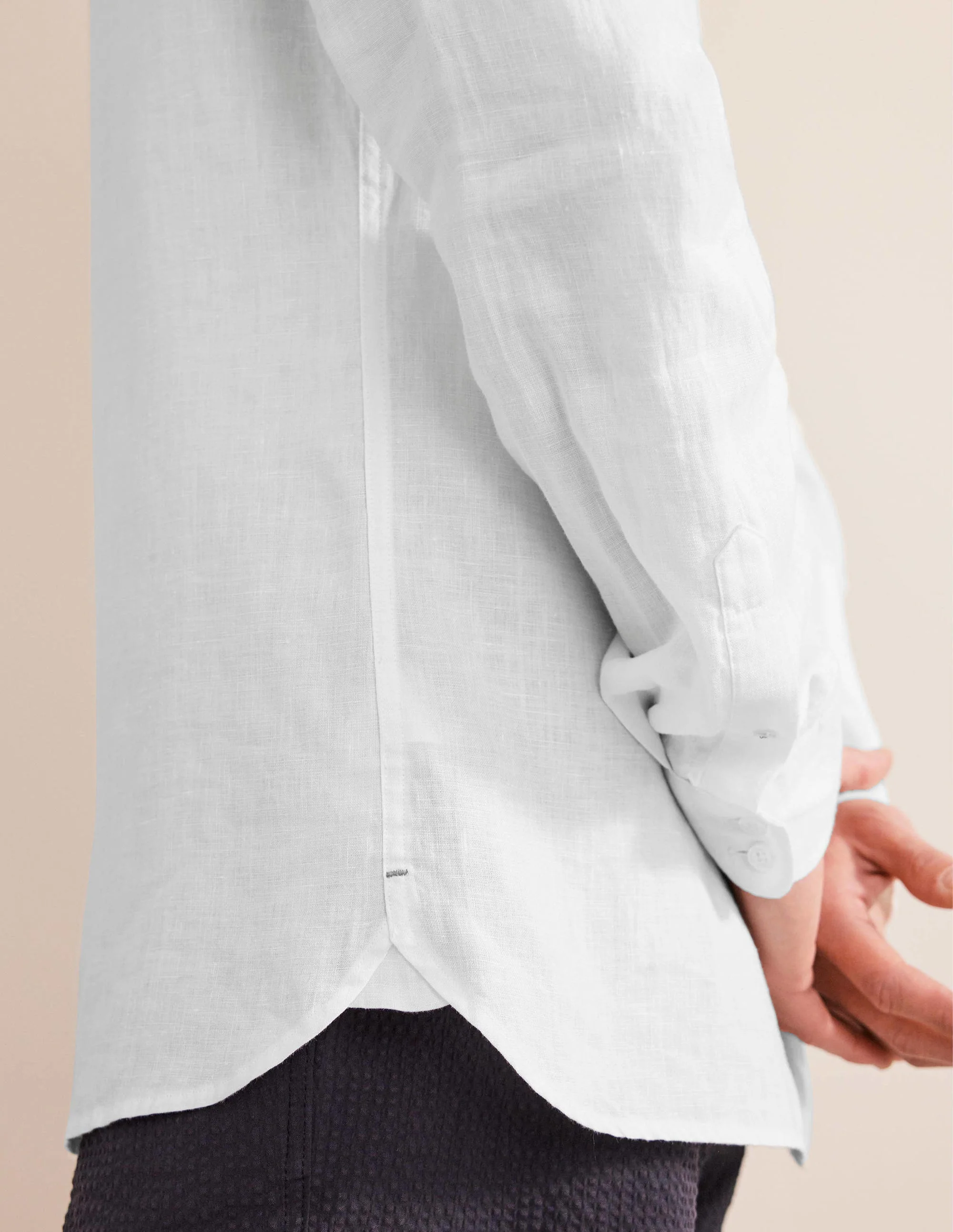 Grandad Collar Linen Shirt-White - Image 2