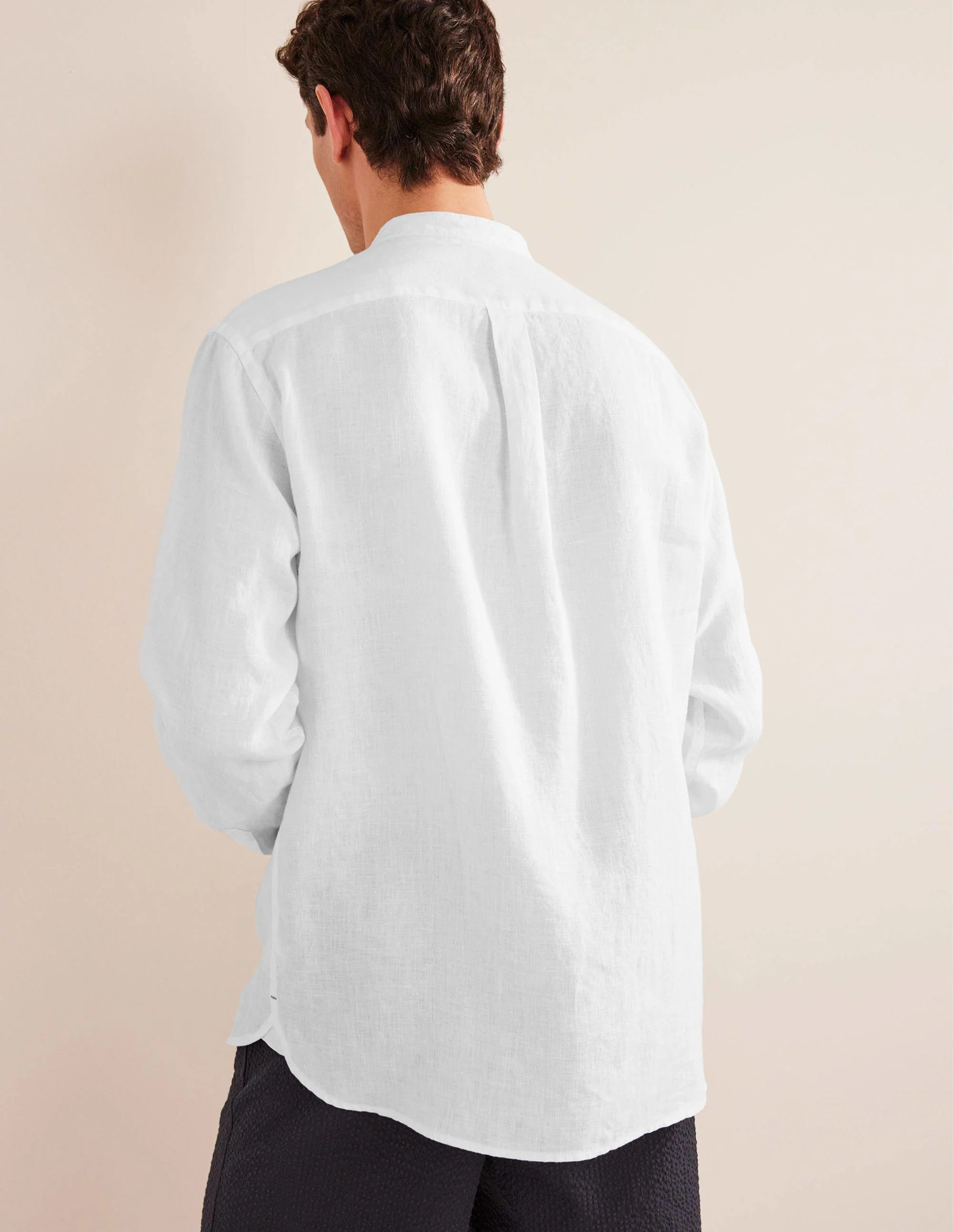 Grandad Collar Linen Shirt-White - Image 3