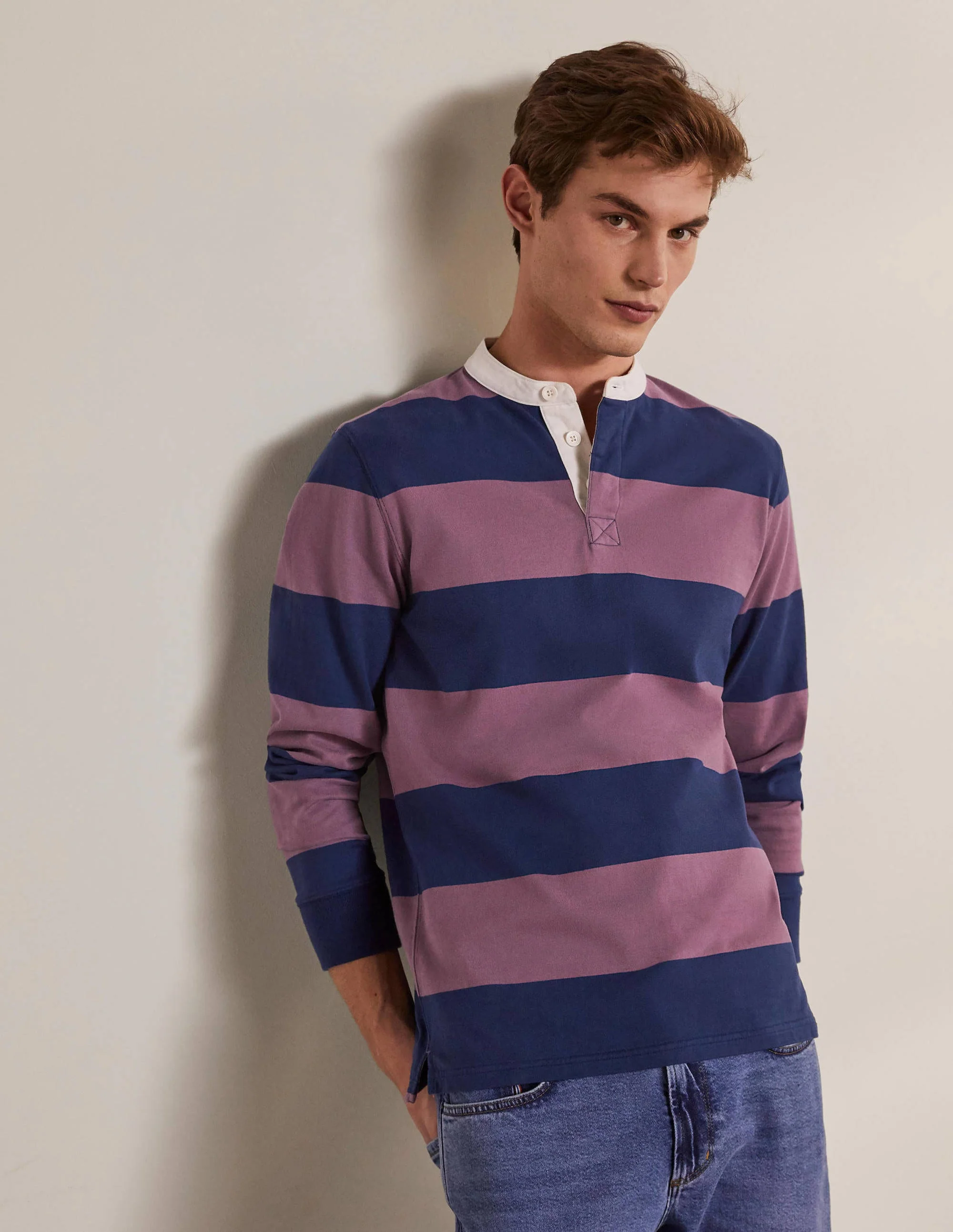 Grandad Collar Rugby Shirt-Navy Blue/Dusky Mauve Stripe - Image 2