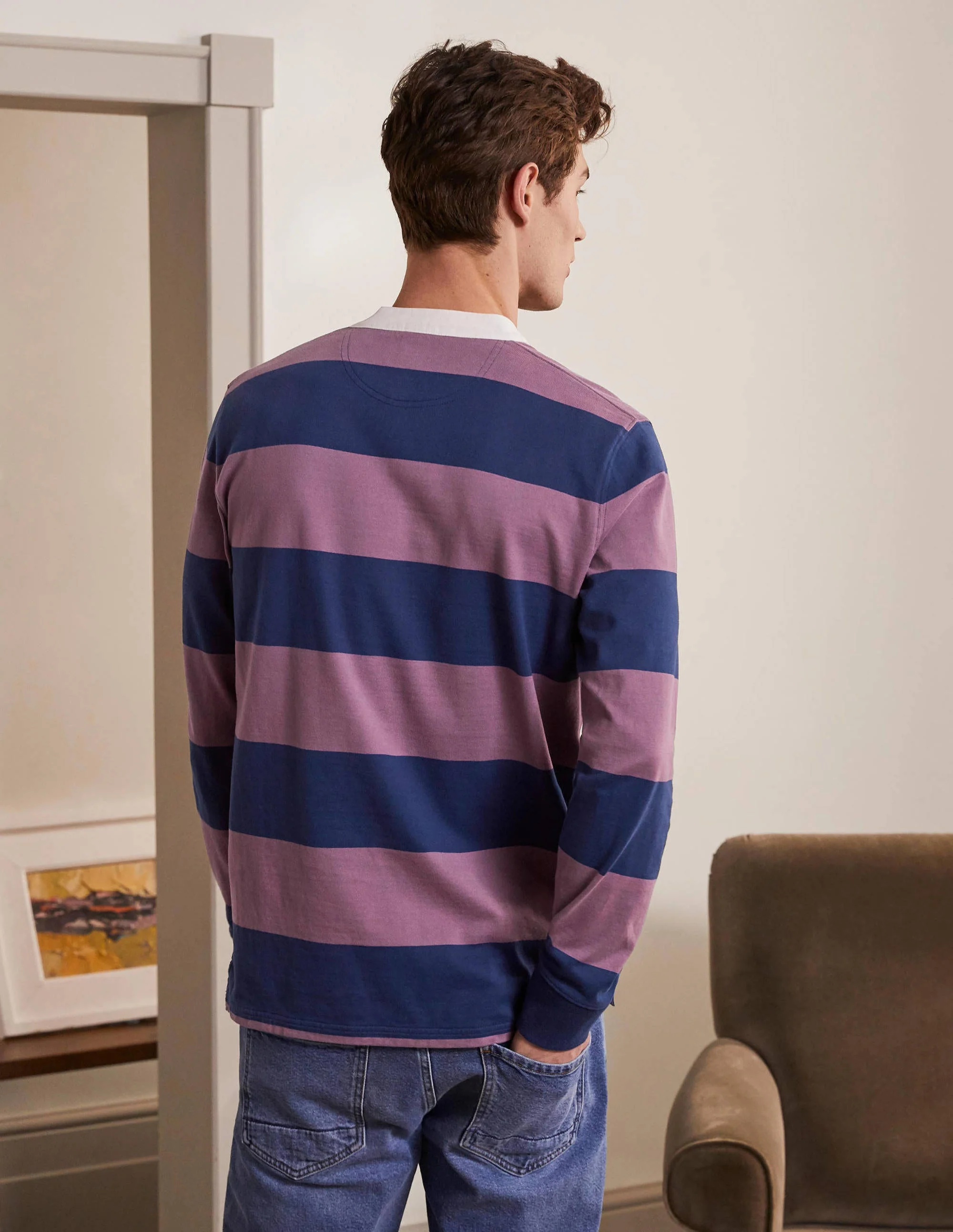 Grandad Collar Rugby Shirt-Navy Blue/Dusky Mauve Stripe - Image 3