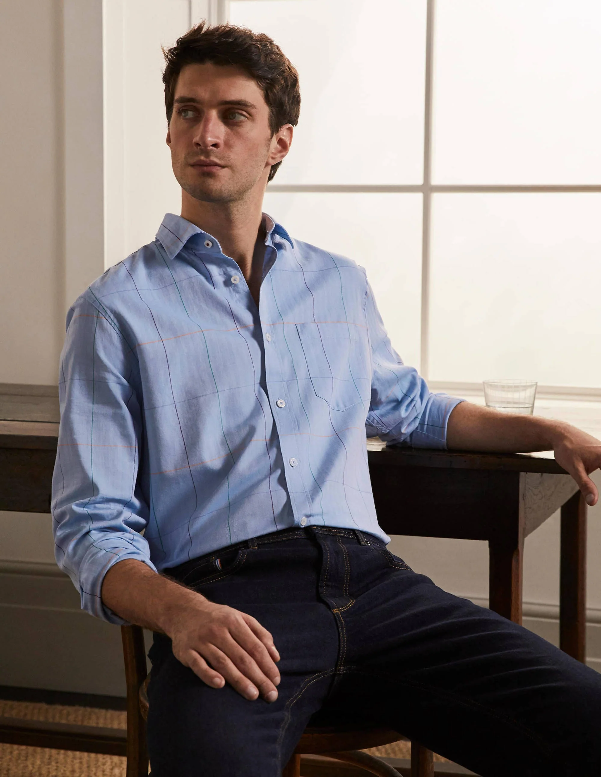 Herringbone Cotton Shirt-Blue Multi Check