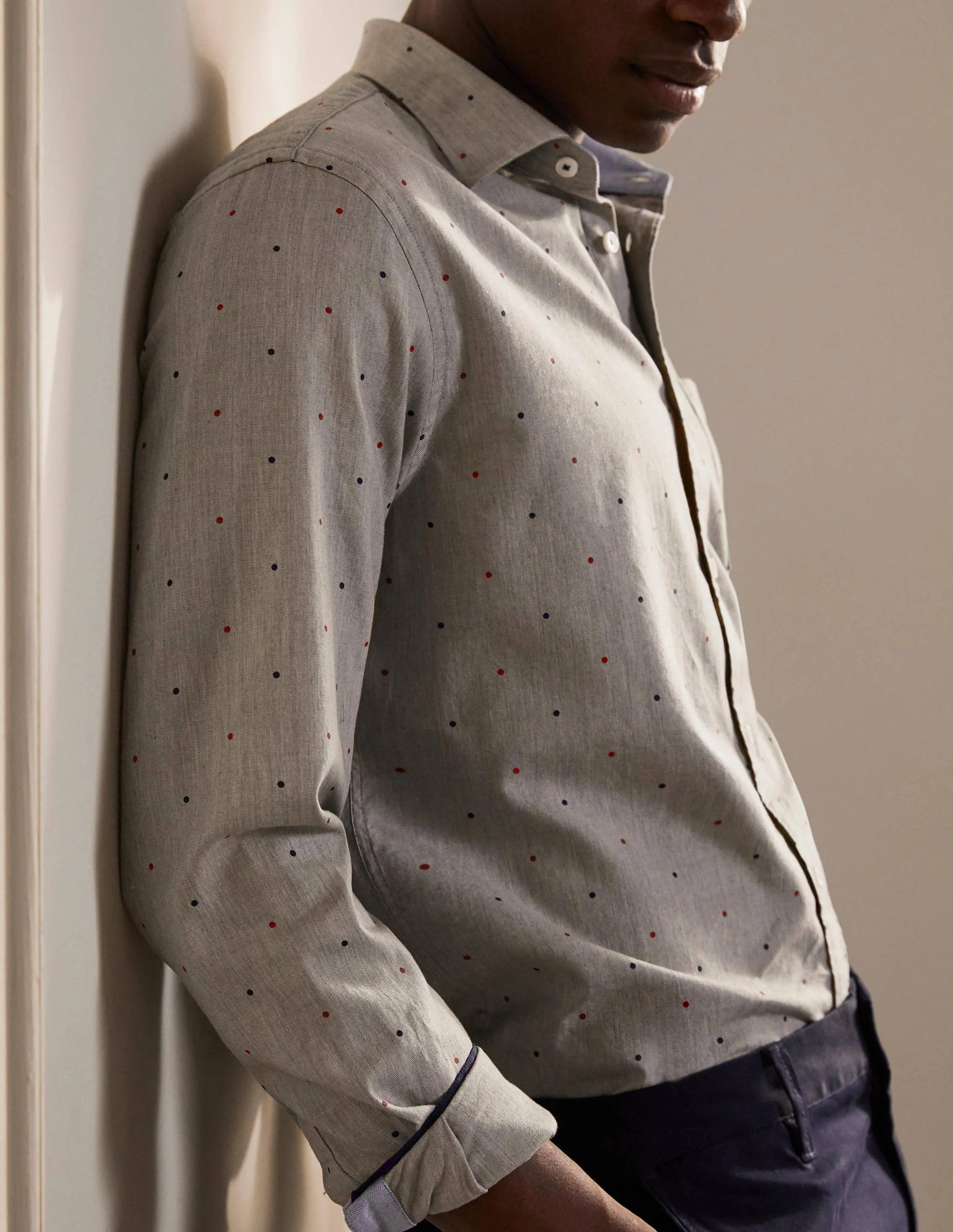 Herringbone Cotton Shirt-Grey Multi Spot - Image 4