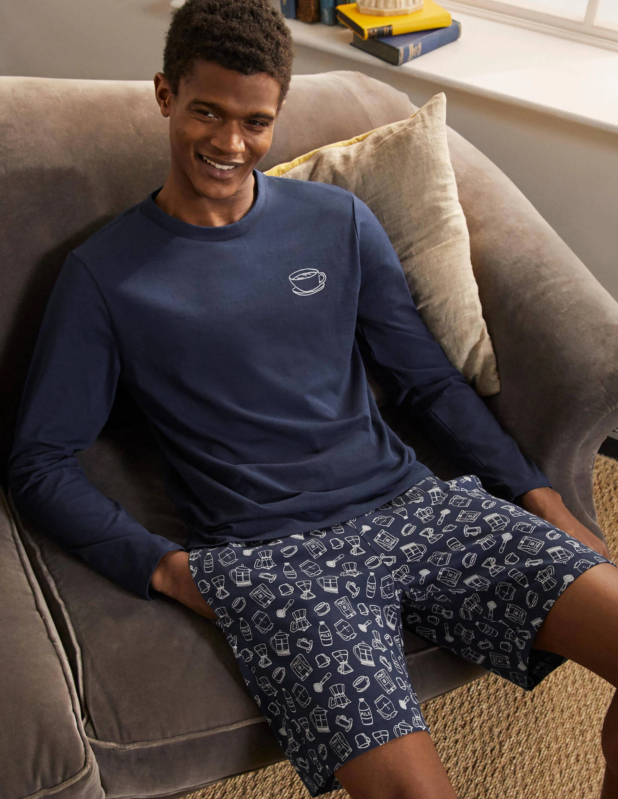 Jersey Pajama Short Set-Navy Coffee Print - Image 2