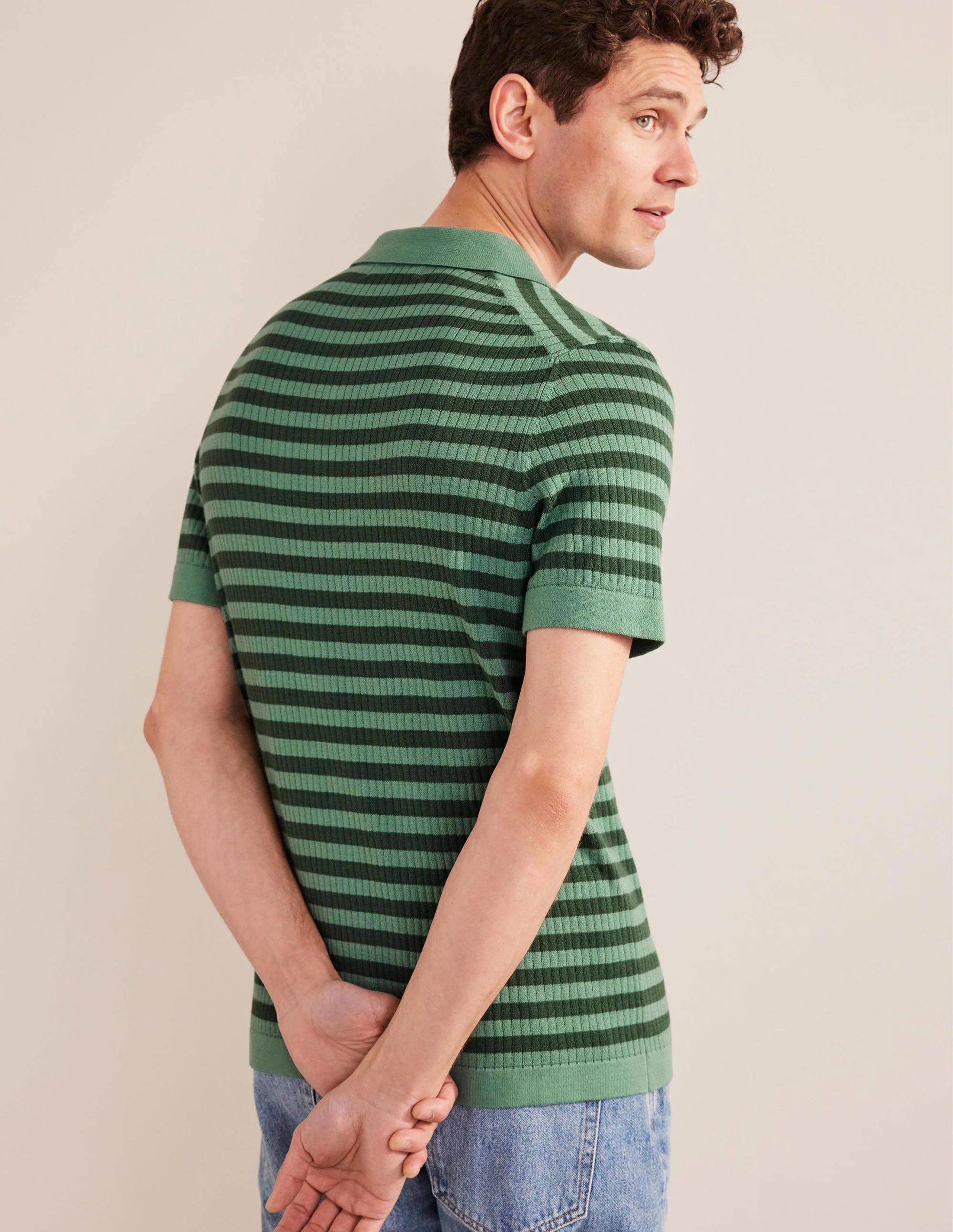 Knitted Ribbed Polo-Deep Sea Stripe - Image 3