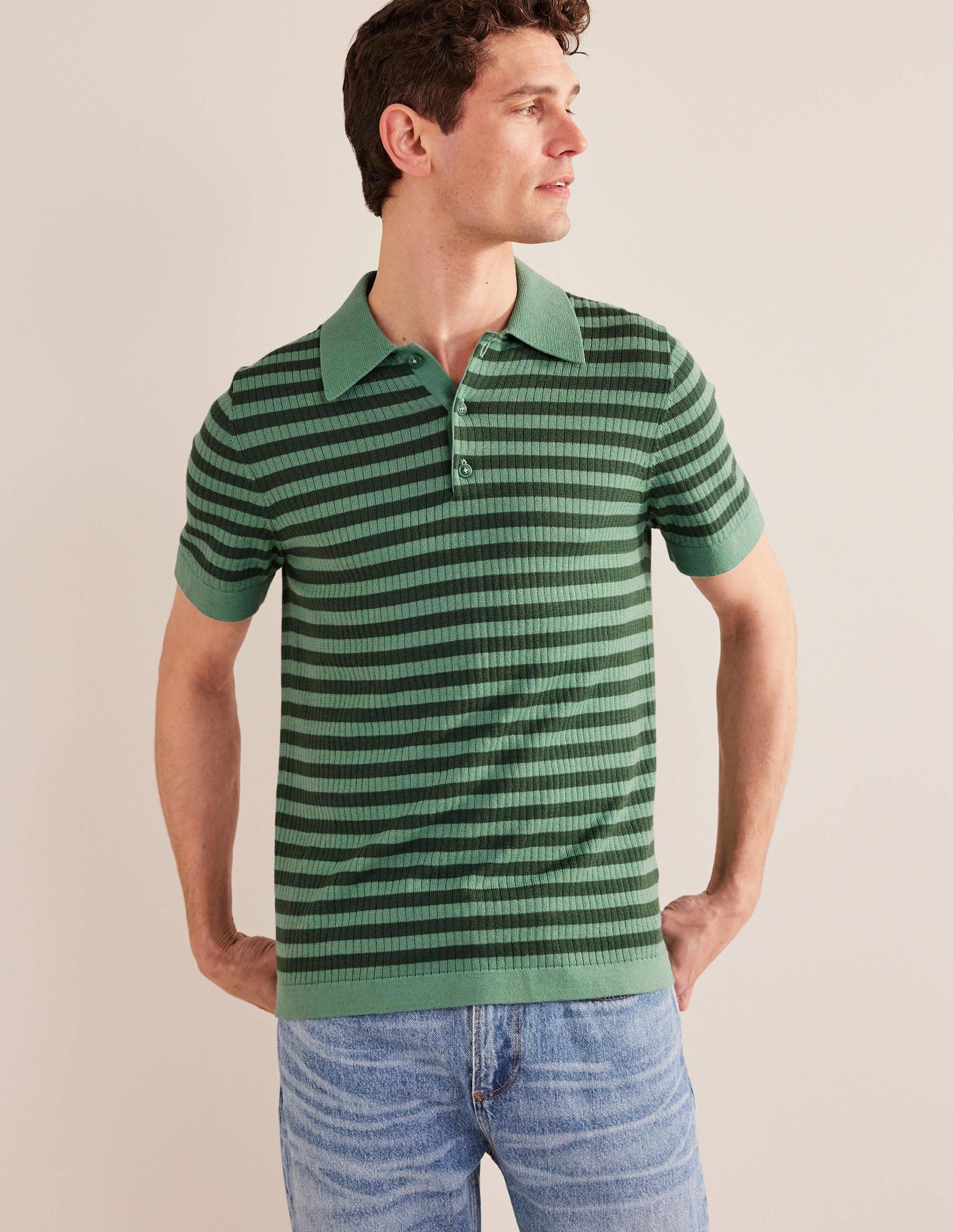 Knitted Ribbed Polo-Deep Sea Stripe - Image 4