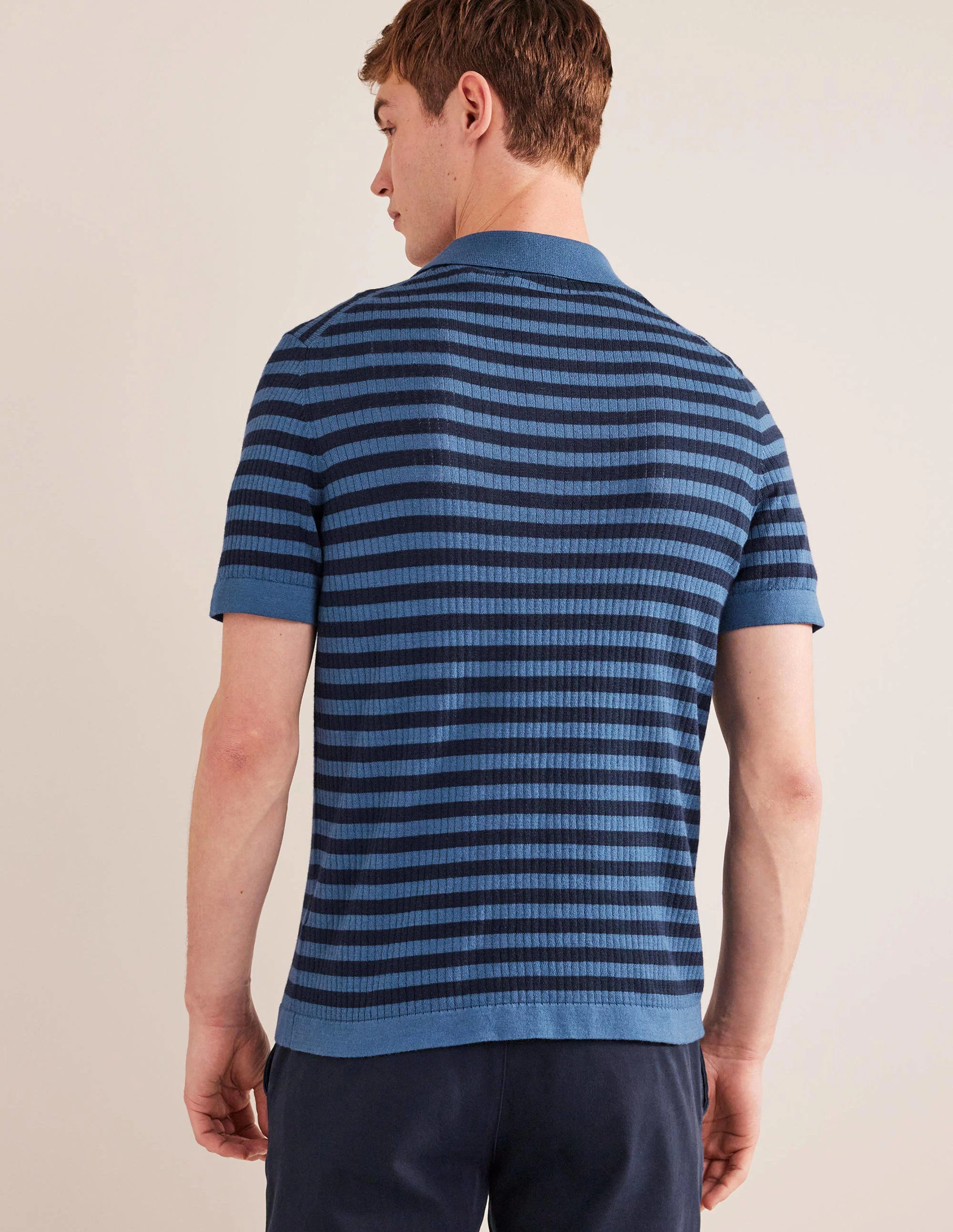 Knitted Ribbed Polo-True Navy Stripe - Image 3