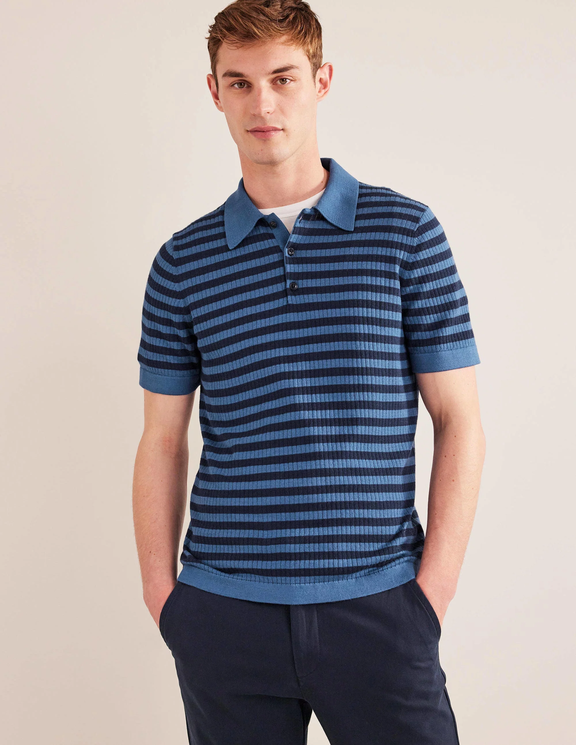 Knitted Ribbed Polo-True Navy Stripe - Image 4