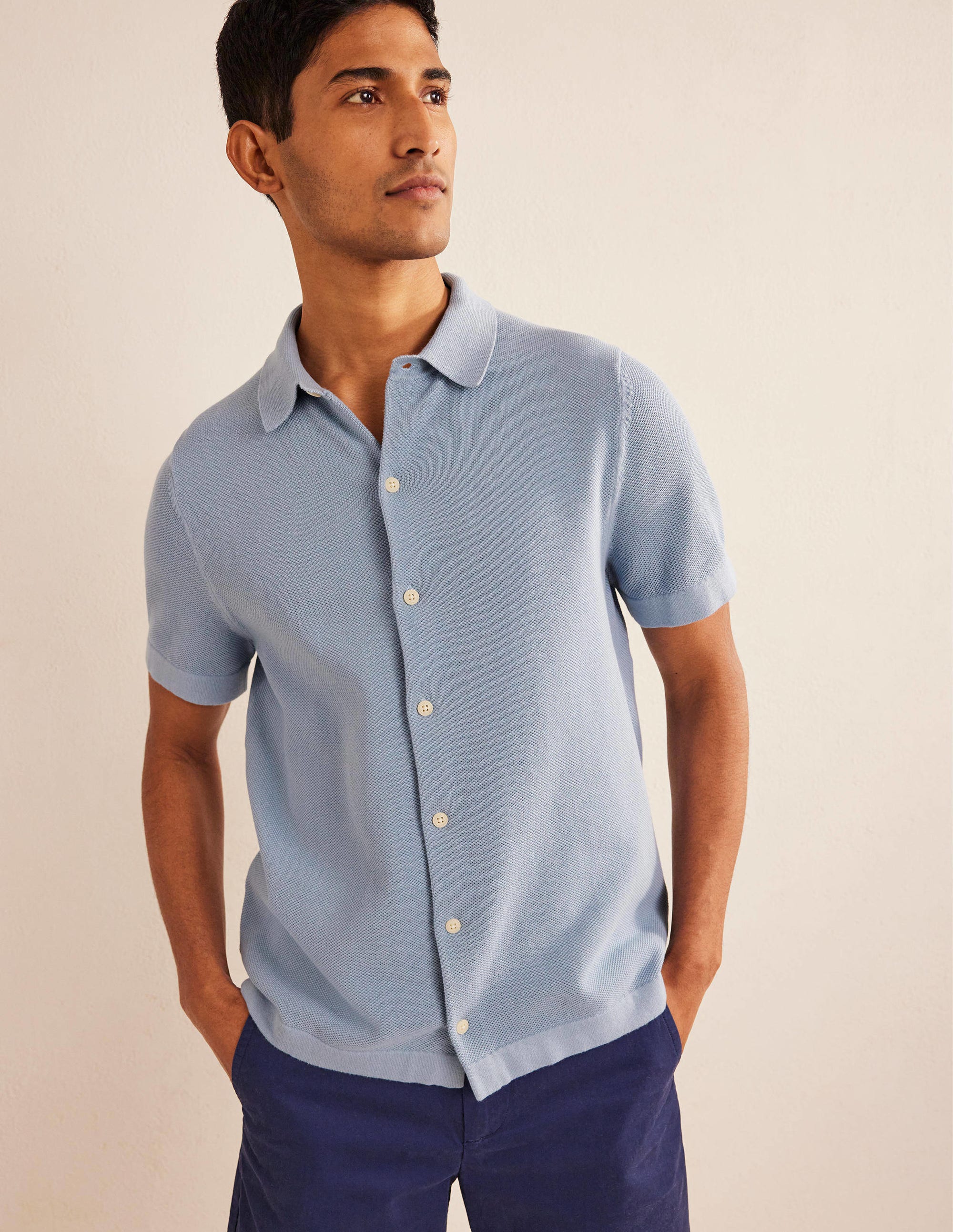 Knitted Short Sleeve Shirt-Washed Blue