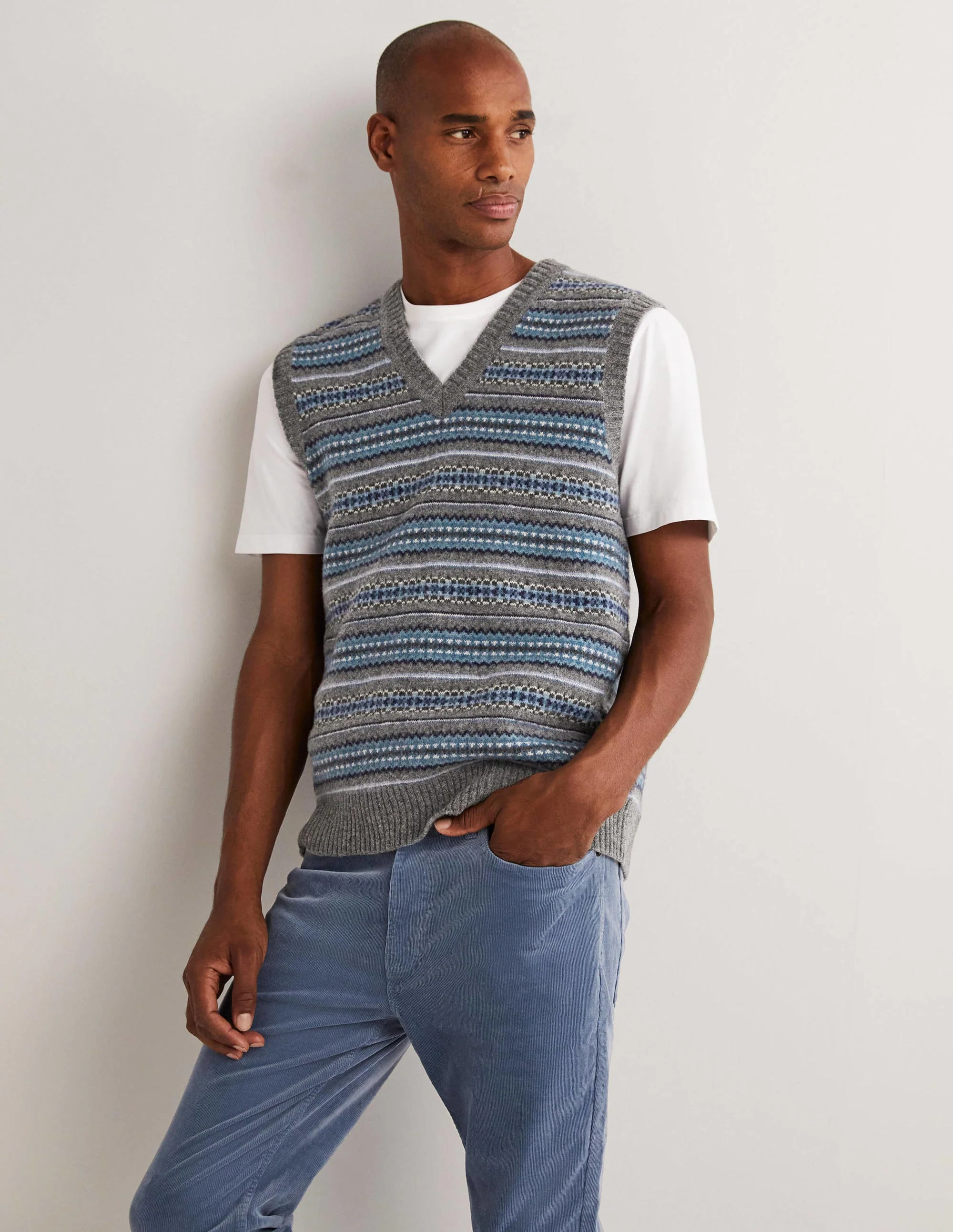 Knitted Sweater Vest-Blues Fairsle