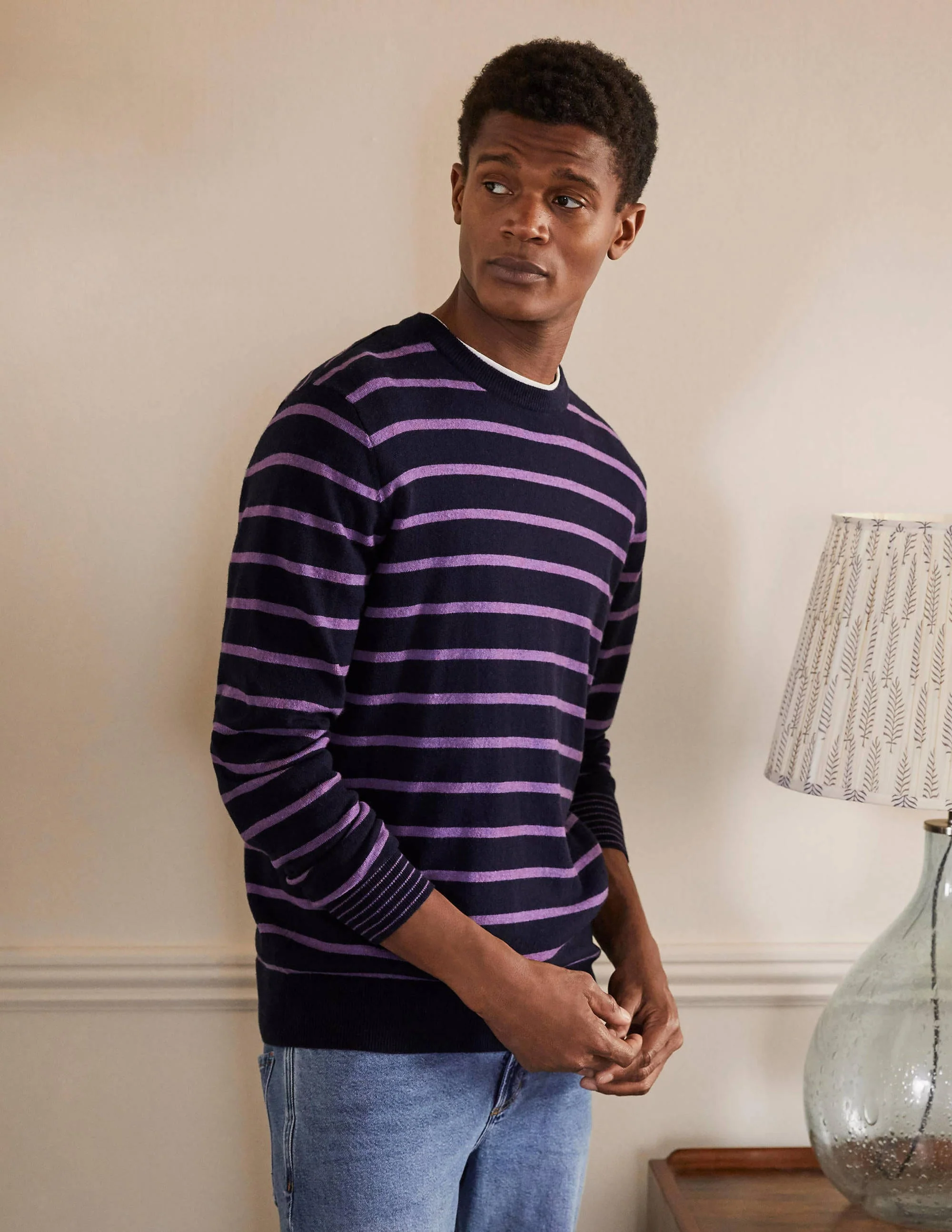 Lambswool Blend Crew Neck-Navy/Lilac Stripe