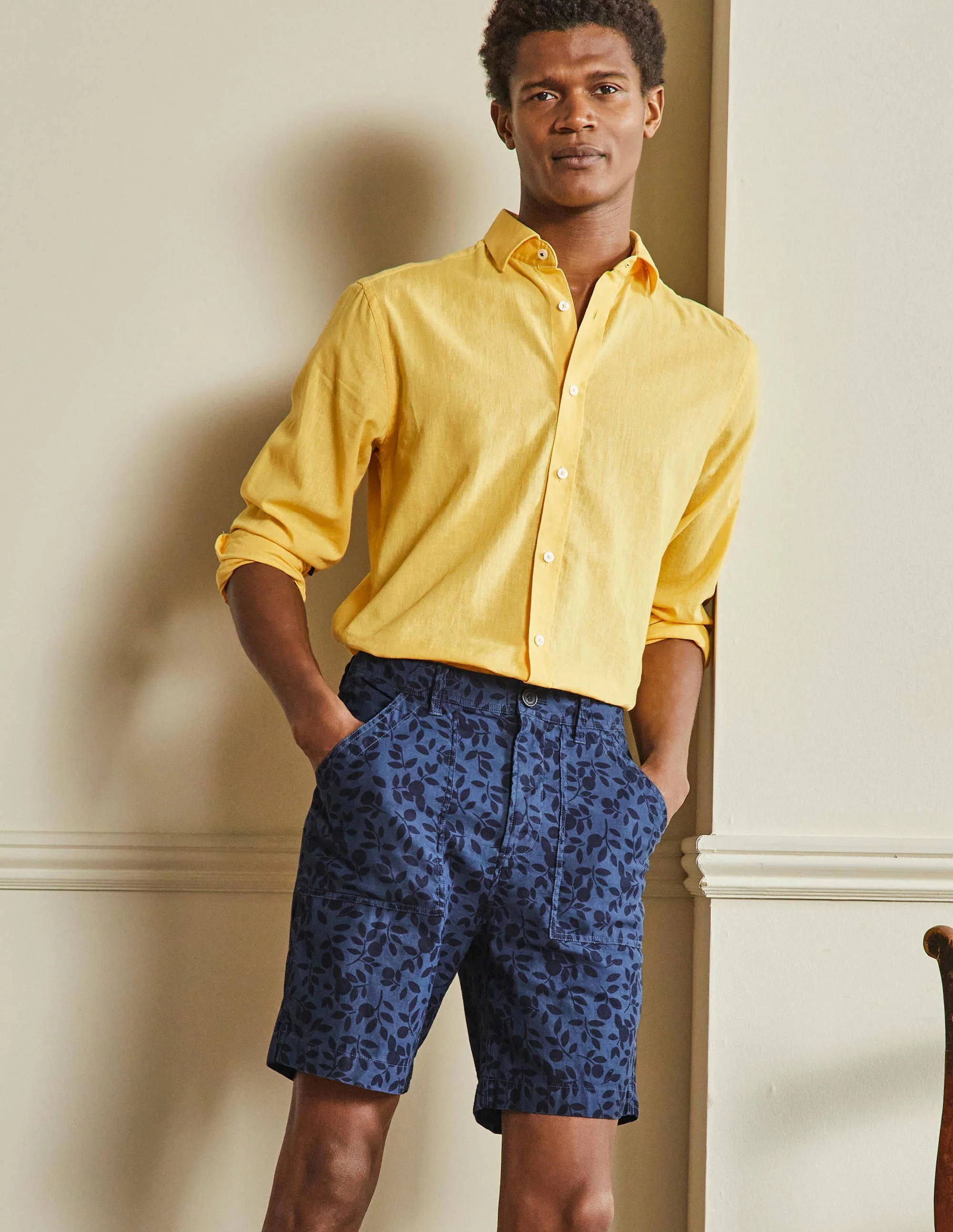 Linen Blend Easy Shorts-Ensign Blue Foliage