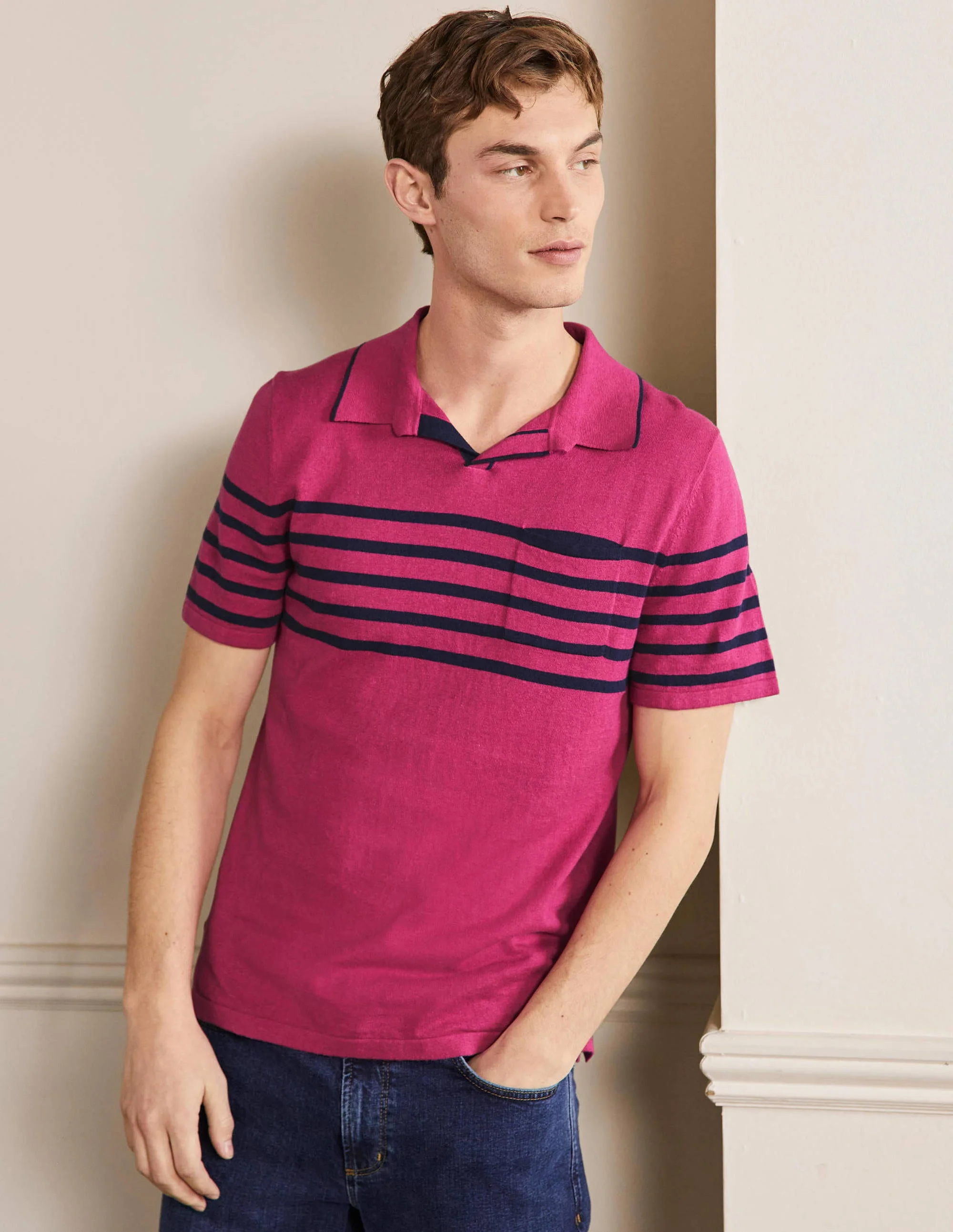 Linen Blend Polo Open Collar-Dusky Rose, Chest Stripe