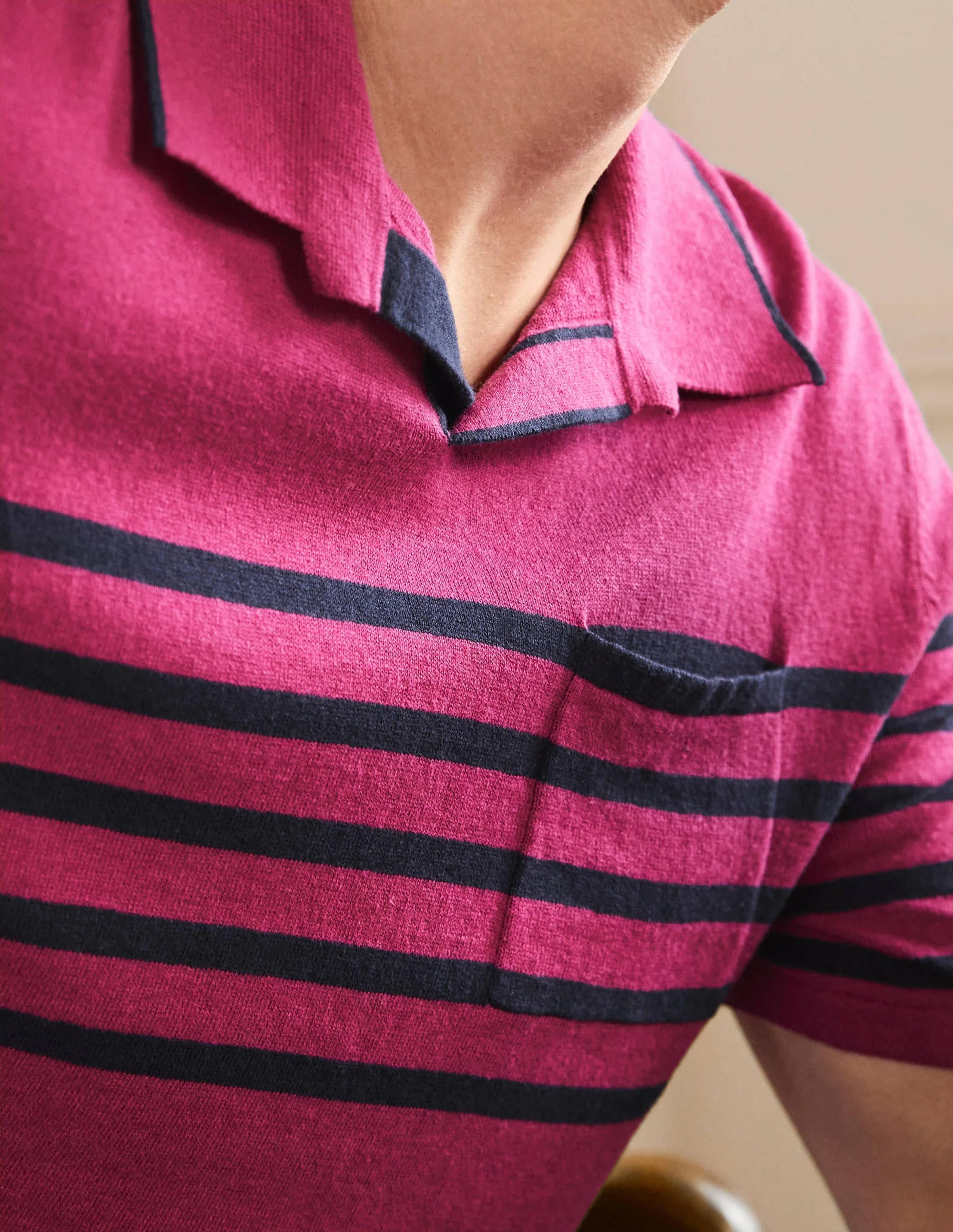 Linen Blend Polo Open Collar-Dusky Rose, Chest Stripe - Image 2